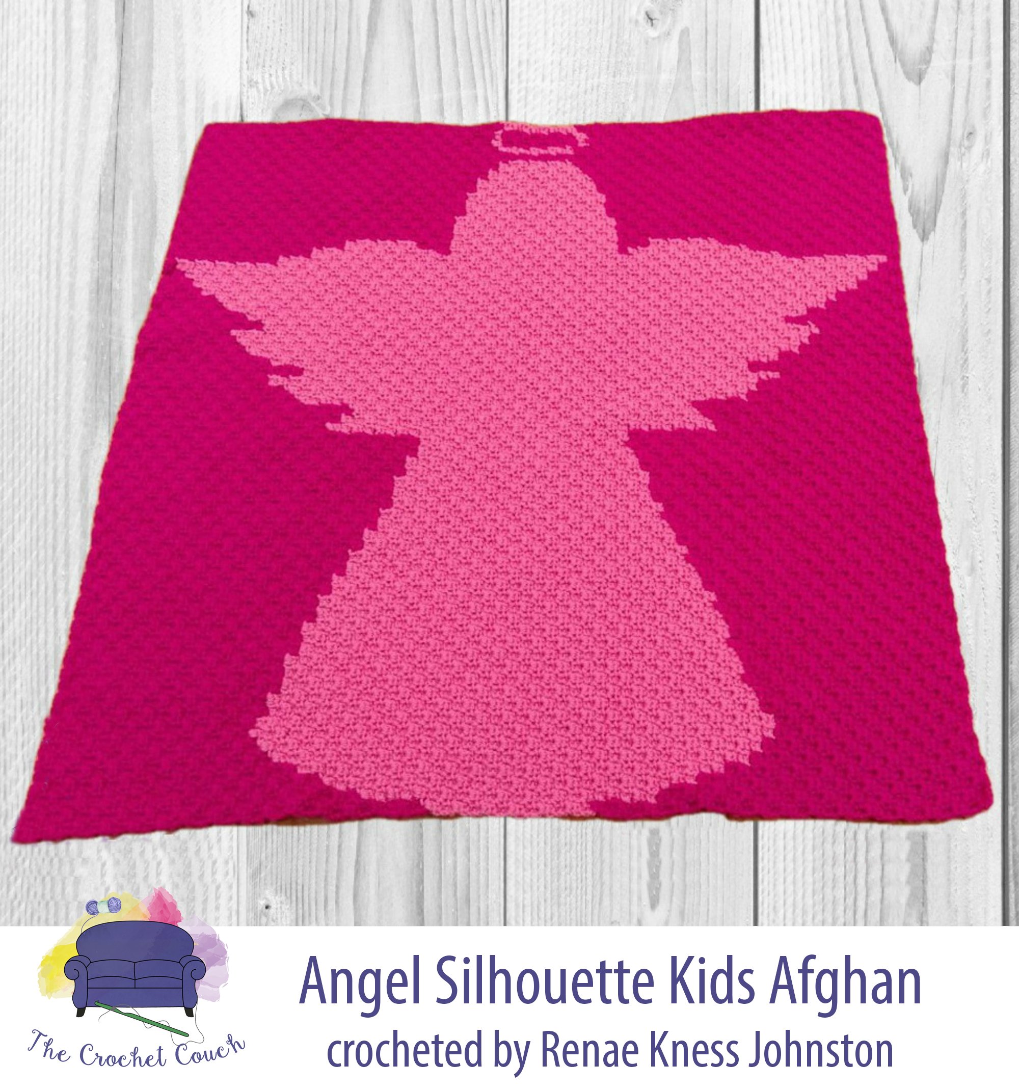 Crocheted Afghan laid down flat on gray paneling showing an angel silhouette.  Background is fuchsia and the angel is light pink.
