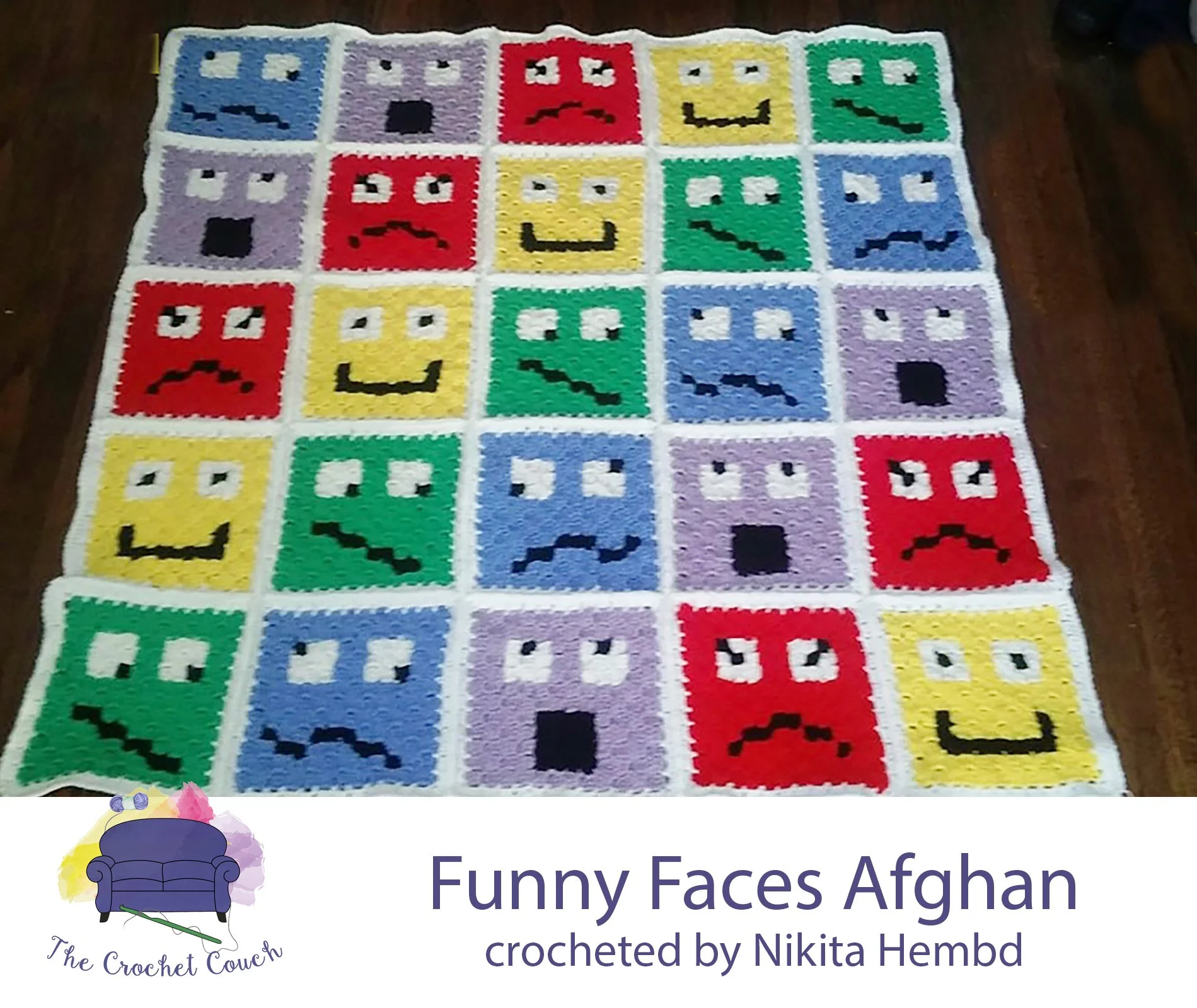 Afghan is a mixture of brightly colored squares with funny pixel faces on them, uses mostly primary colors