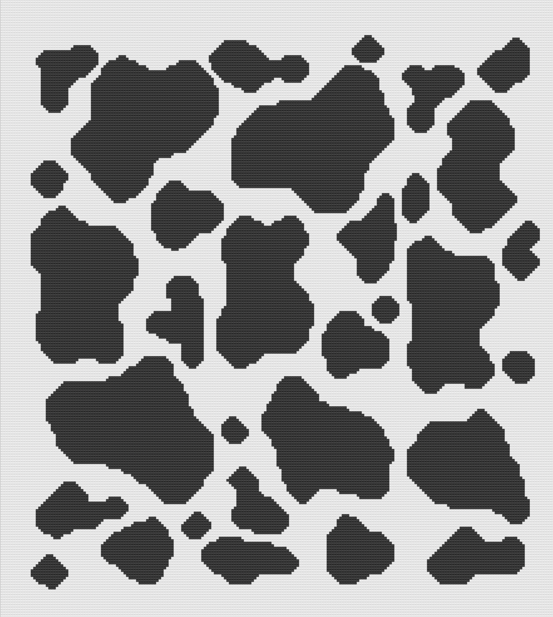 Photo shows a computer generated image of a black and white cow print afghan.  Pattern by The Crochet Couch