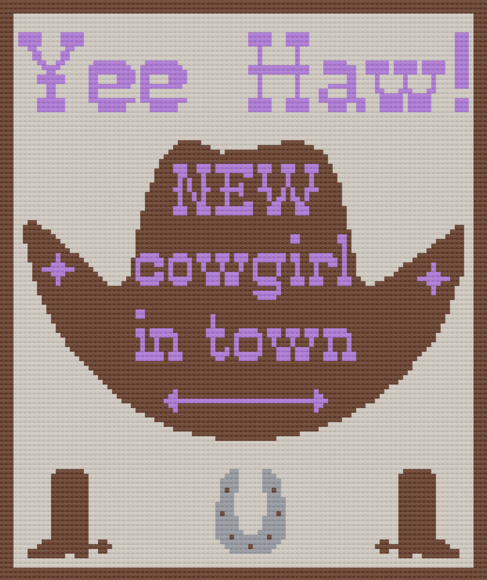 Photo shows a computer generated image of a cowboy hat with smaller images of cowboy boots and a horseshoe with the phrase Yee Haw New cowgirl in town.