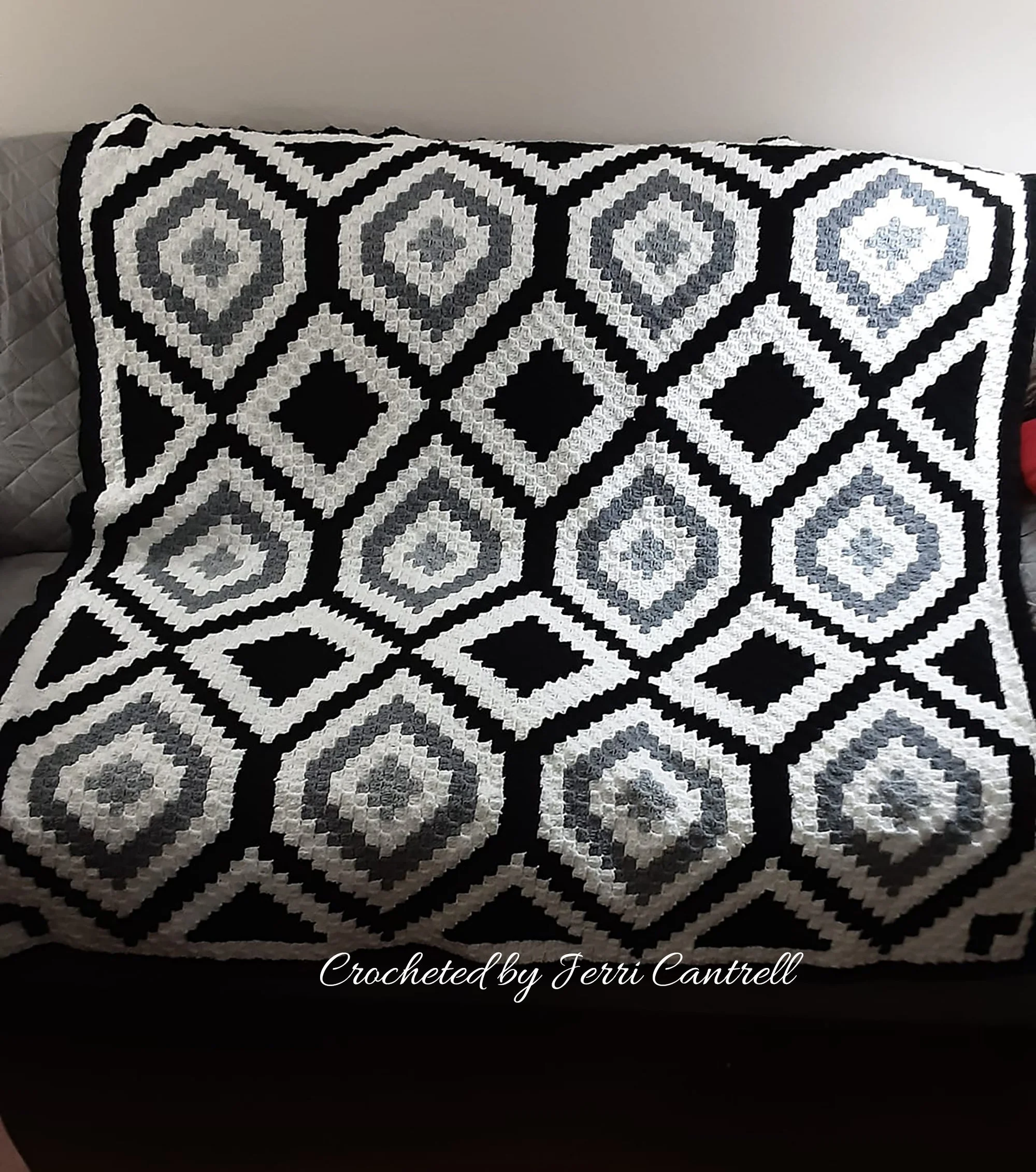 Afghan is spread across couch, done in shades of blue and blue and white in a diamond geometric pattern.  Afghan is crocheted using C2C method by Jeri Cantrell