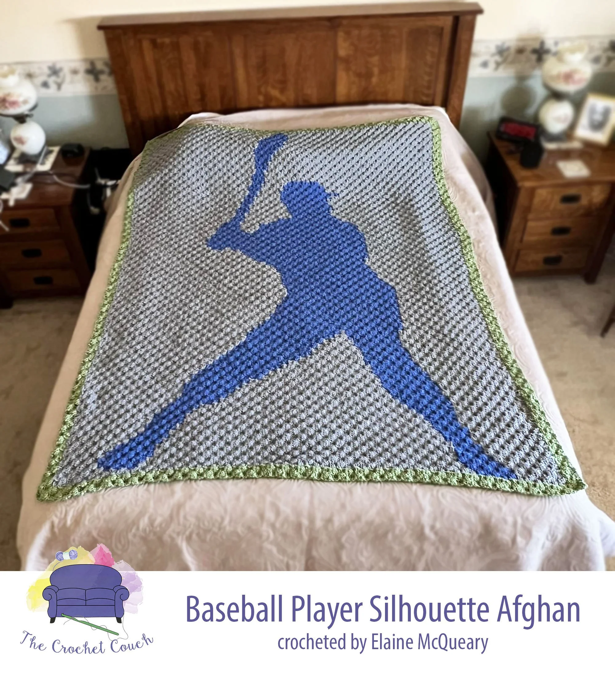 Crocheted afghan laid out on bed.  The image is a silhouette of a baseball player in ready stance with bat.  The silhouette is a warm blue, background is gray with a sage green border.