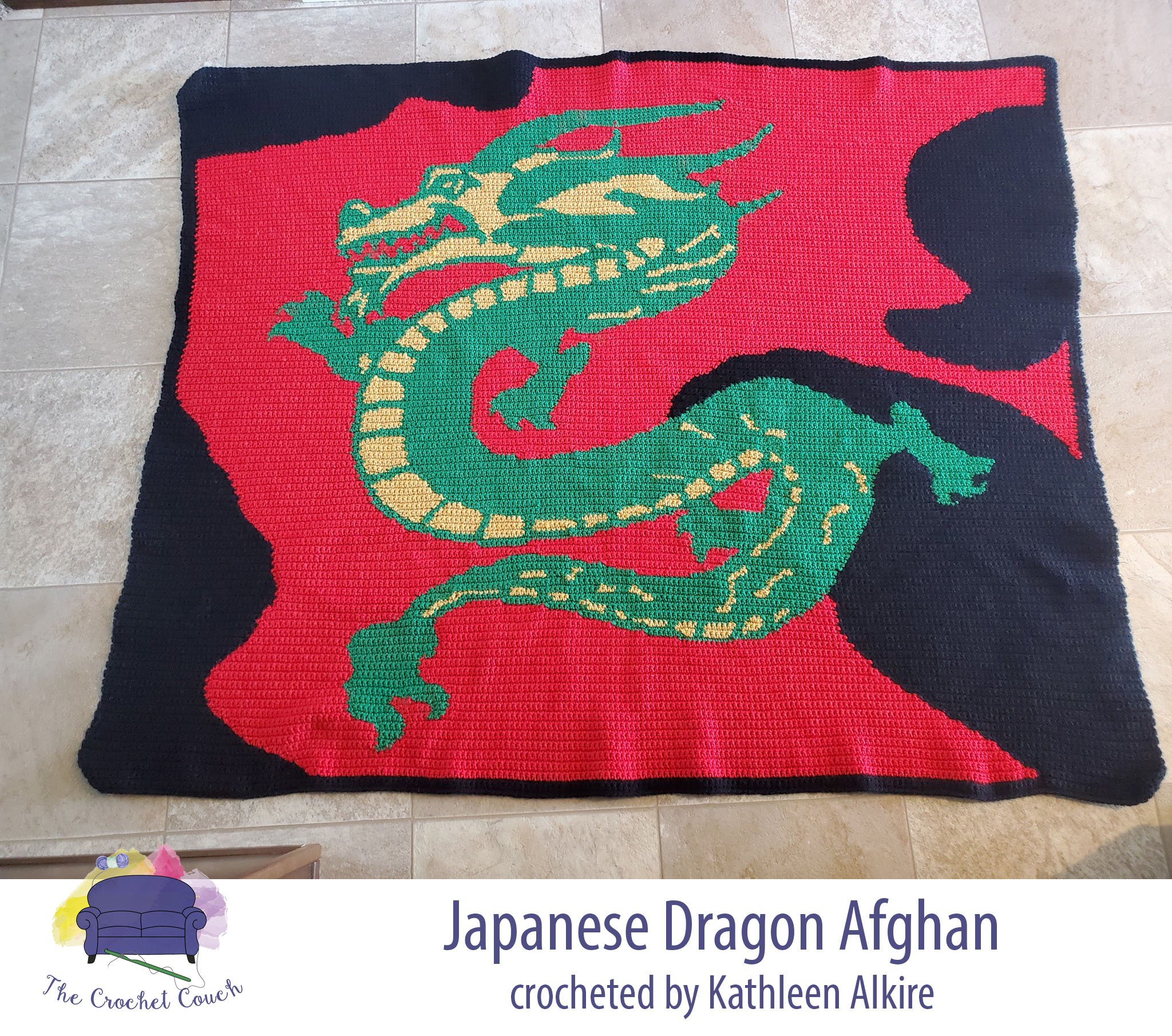 Afghan shown laid on floor, done in single crochet.  Afghan shows a Japanese Dragon in green and gold on a black and red background.  Kathleen Alkire crocheted the afghan.