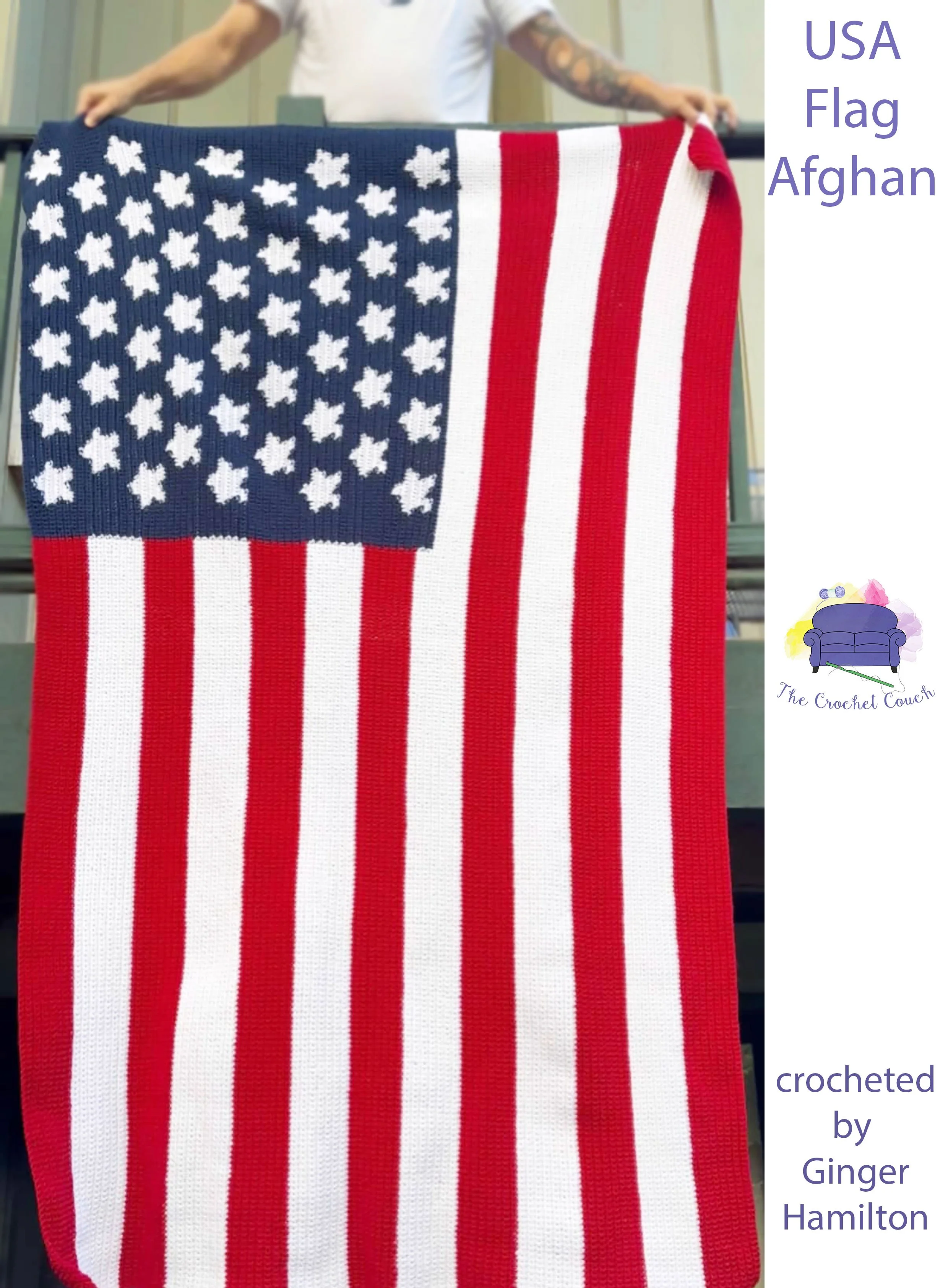 Crocheted afghan done in single crochet, shown draped over a porch railing and depicts the USA flag.  Afghan was crocheted by Ginger Hamilton