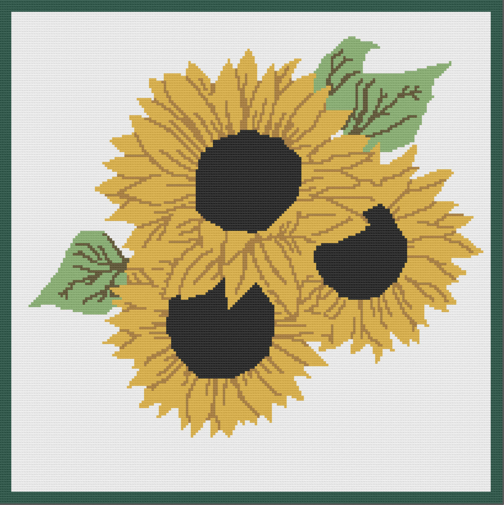 A crochet graph of three large, vibrant yellow sunflowers with black centers and green leaves, framed with a green border. Designed for single crochet (SC) or Tunisian Simple Stitch (TSS).