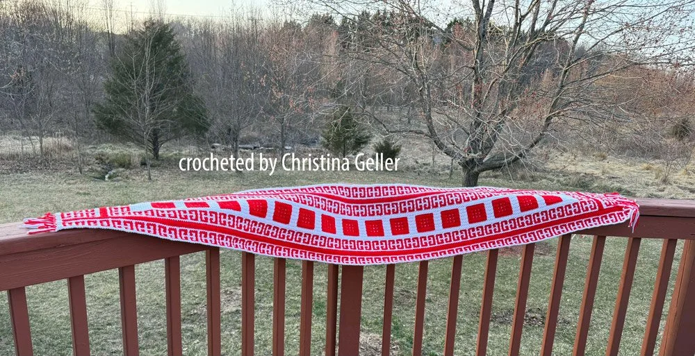 Long handmade crochet table runner with a central line of red geometric squares and a white border with repeating red patterns, displayed draped across a wooden deck railing outdoors.