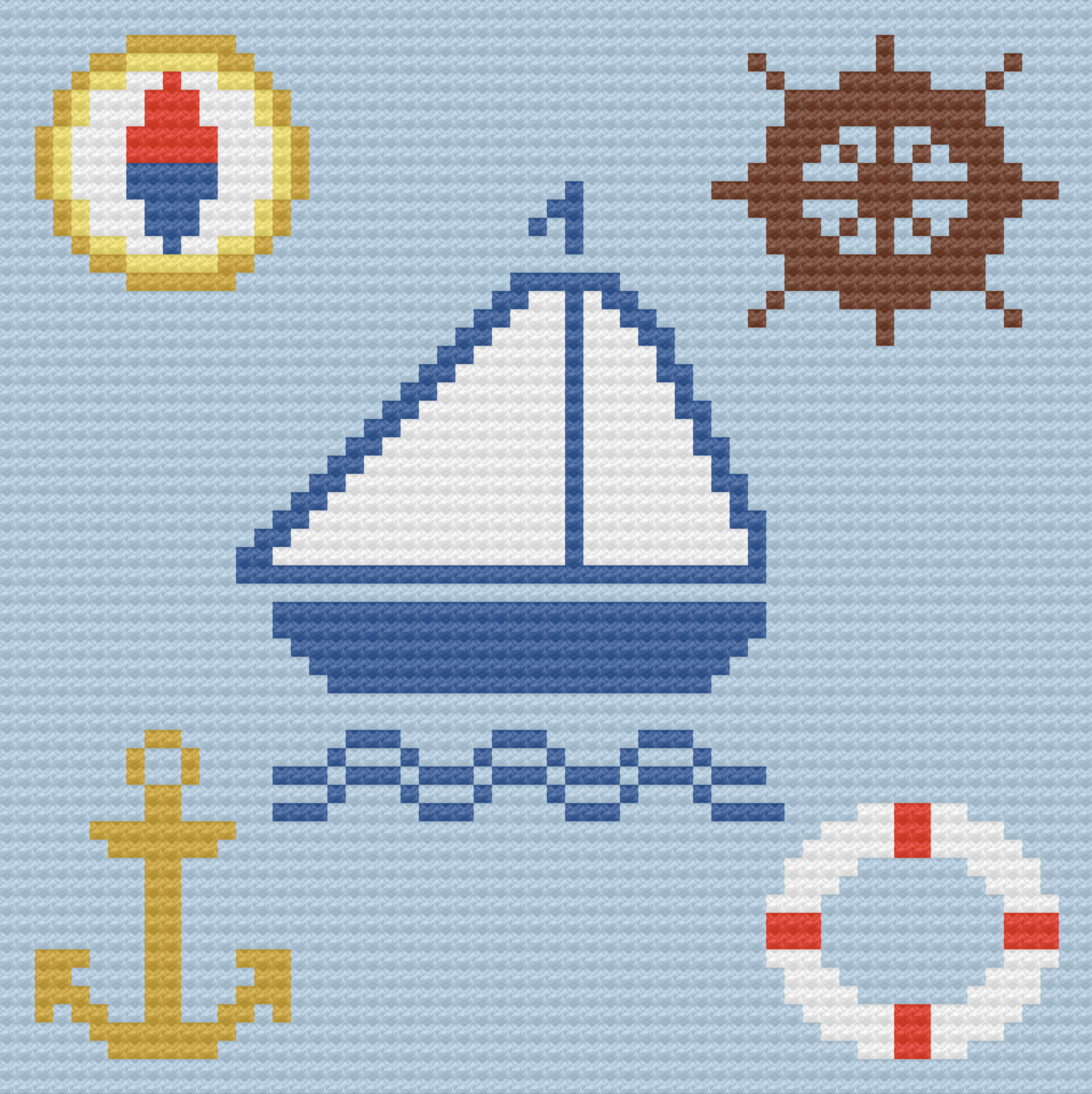 crochet graph of a nautical baby afghan design featuring a blue sailboat with white sails, yellow anchor, red and white life preserver, brown ship wheel, and red-blue buoy