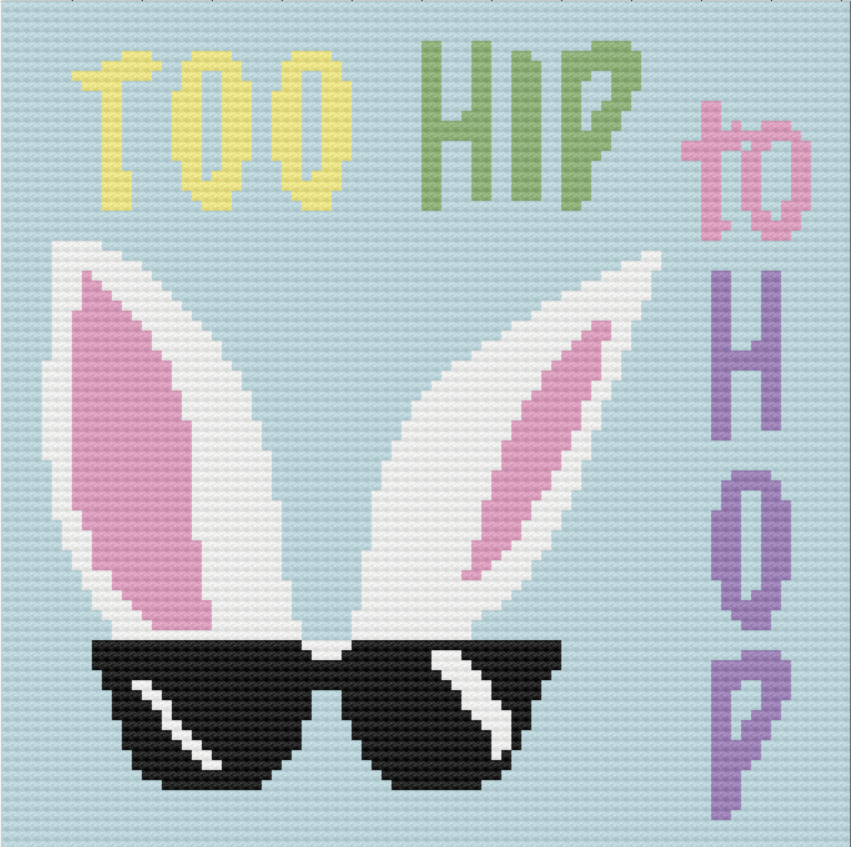 Image of a crochet pattern graph featuring a bunny with sunglasses and text reading “Too Hip to Hop” in pastel yellow, green, and purple