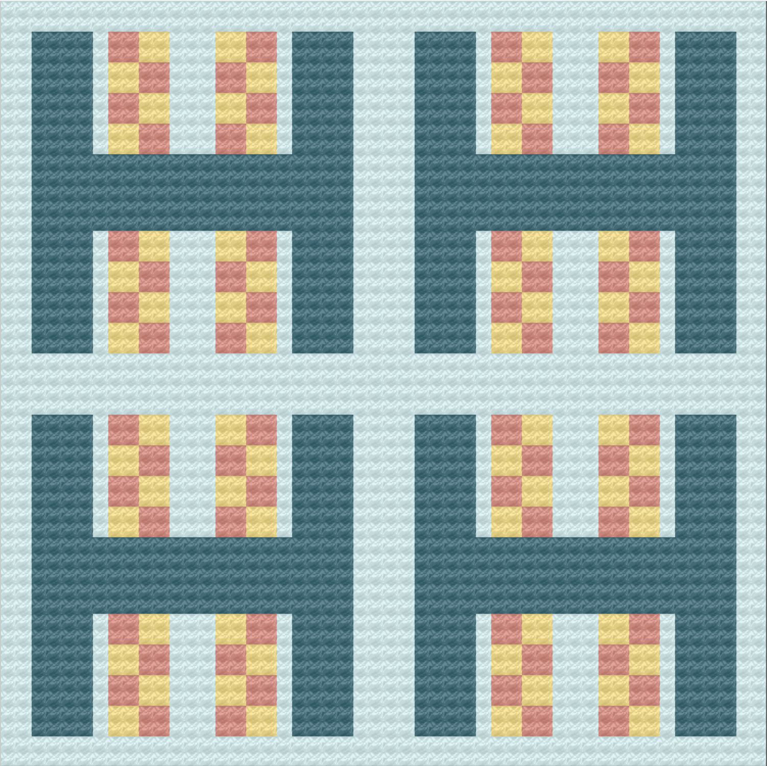 Square afghan with four repeating blocks. Deep teal “H” shapes form frames around checkerboard accents in coral and butter yellow.