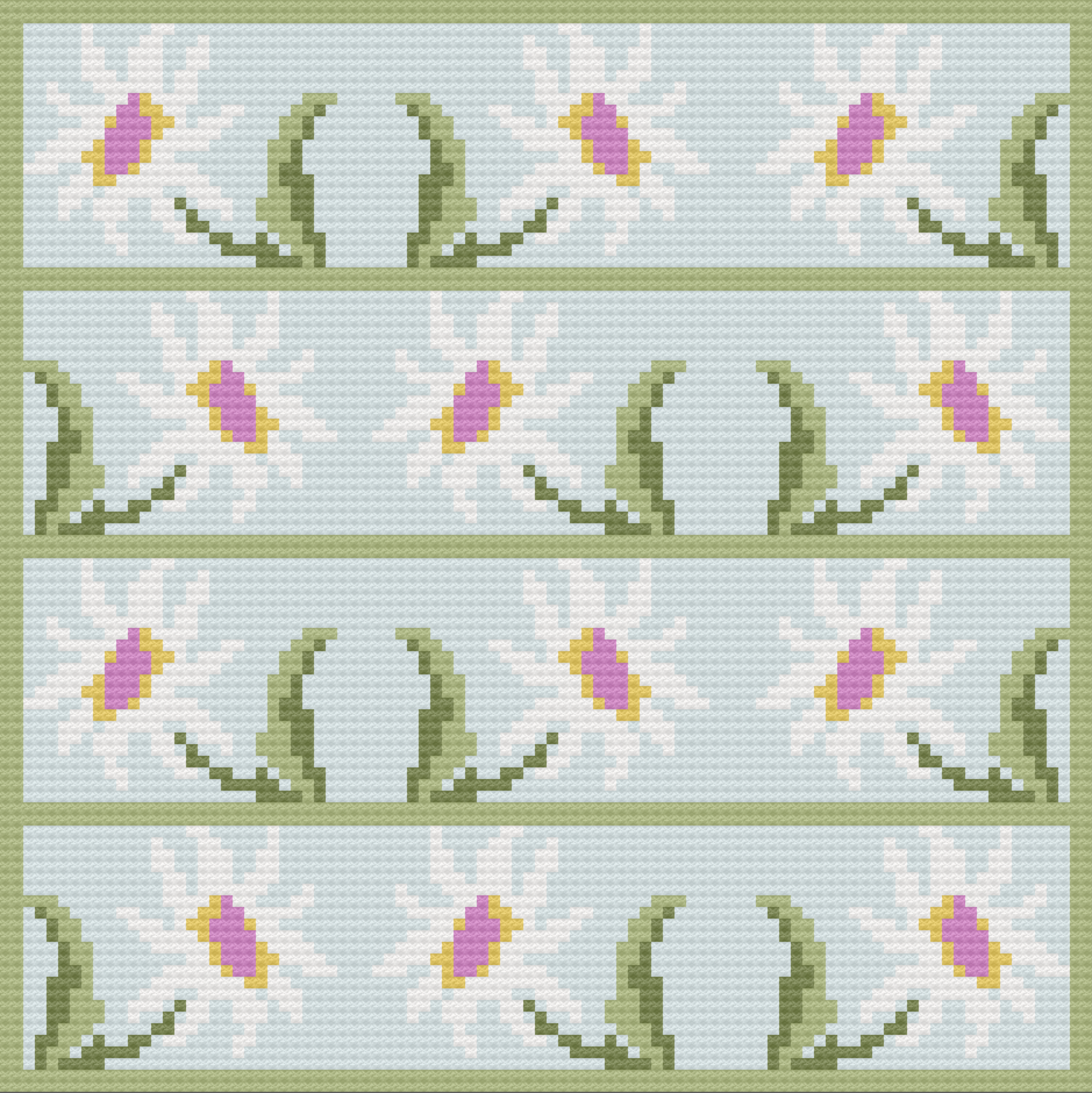 A crochet afghan pattern featuring rows of large, white daisies with yellow centers and green stems, set against a soft blue background. The design has a fresh, floral theme