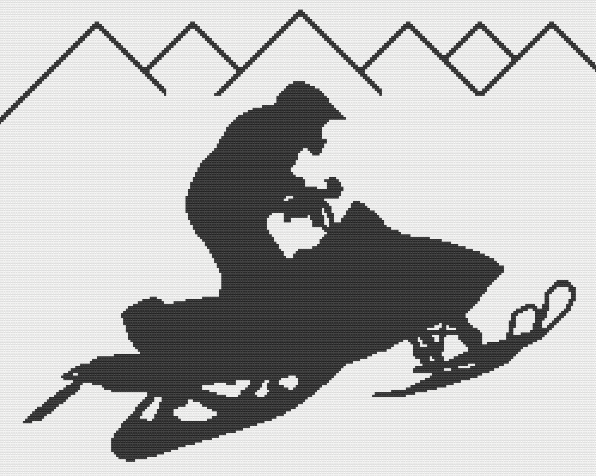 A crochet pattern featuring a snowmobile silhouette with a rider, set against a geometric mountain background