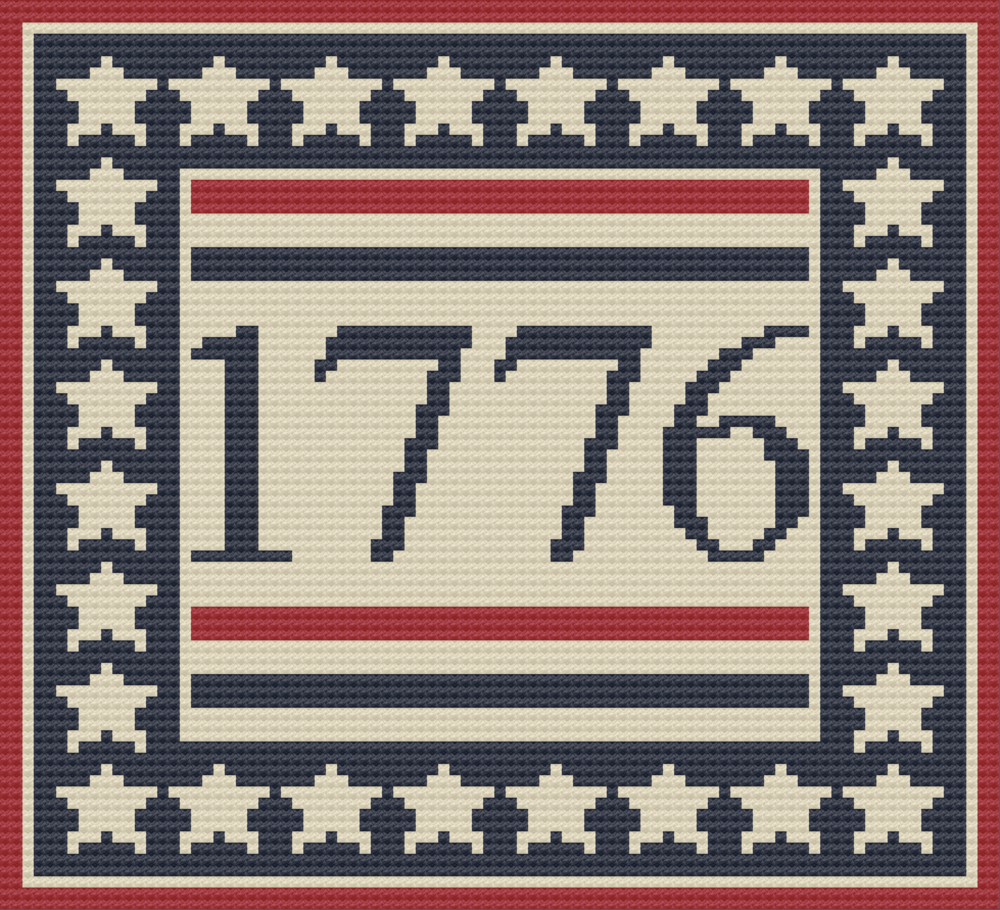 A bold crochet afghan featuring "1776" in large, graphic numbers, surrounded by stars and patriotic stripes in red, white, and blue