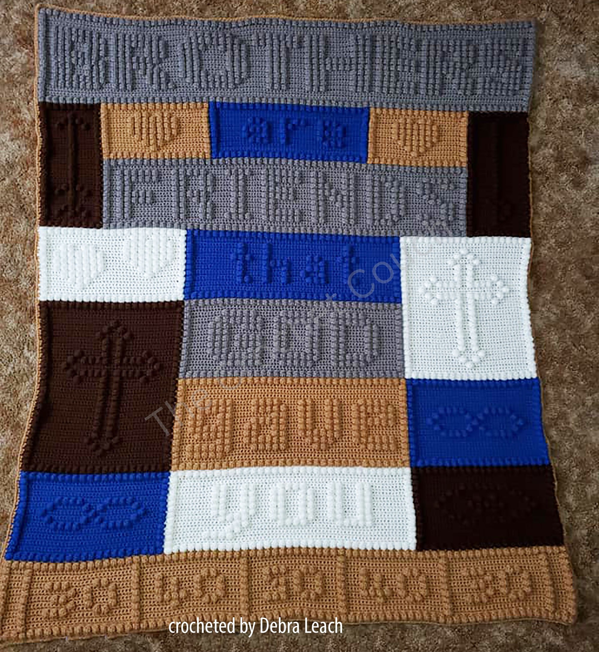A crochet afghan featuring the word "Brothers" and religious symbols like crosses, in earthy and blue tones, perfect as a thoughtful gift for a sibling.