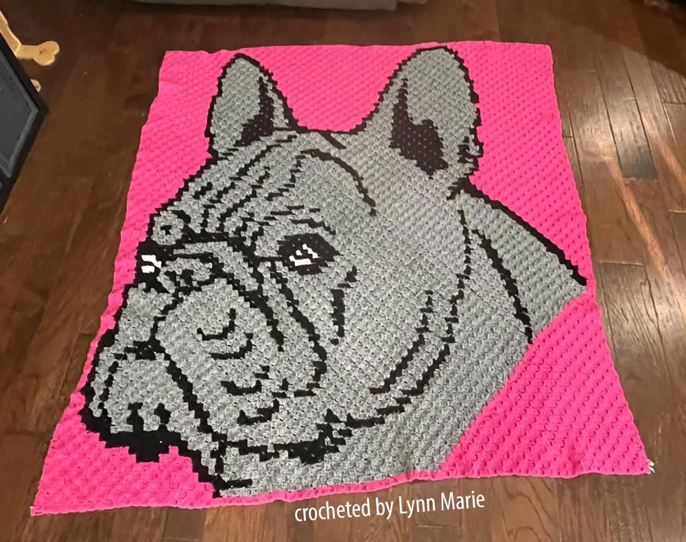 Corner to corner crochet afghan showing a detailed French Bulldog face in gray with black outline on a bright pink background, laid flat on a hardwood floor. Crocheted by Lynn Marie.