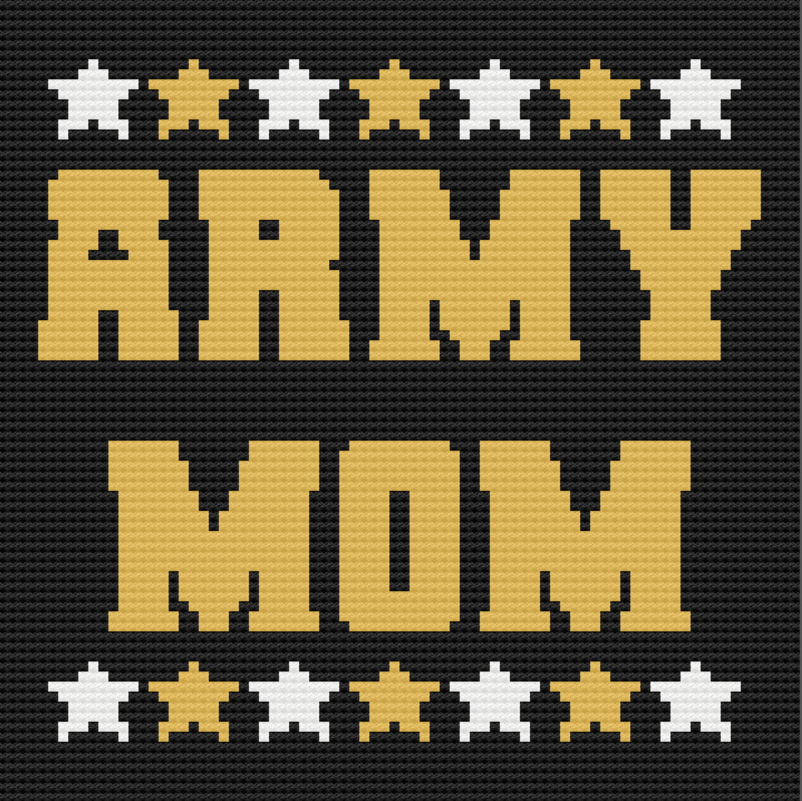 A crochet pattern design for “Army Mom” featuring bold gold and white letters, accented with stars on a black background, perfect for military families or patriotic gifts.