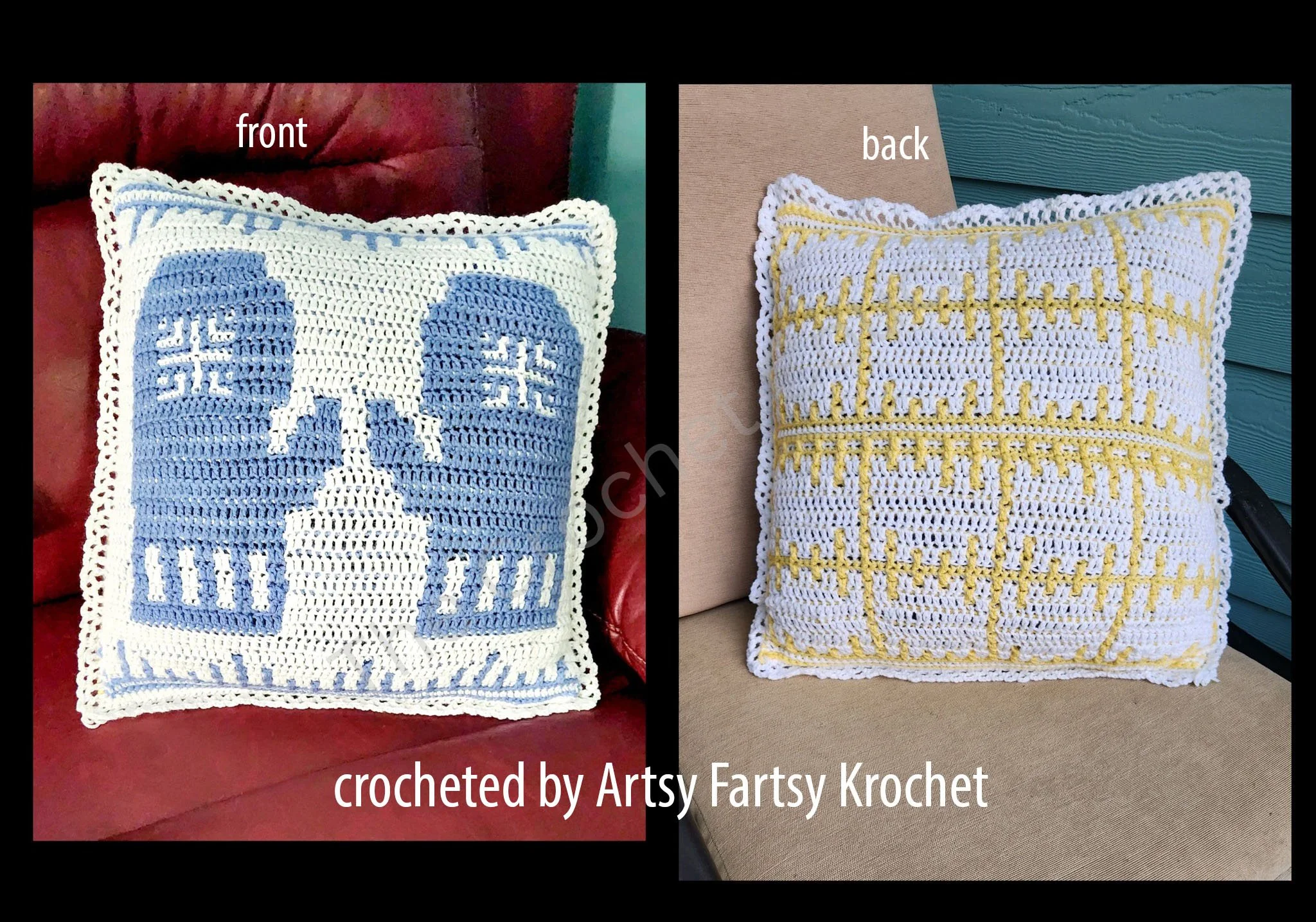Crochet pillow with one side featuring mittens in blue and white, and the other side a geometric pattern in mustard and white.