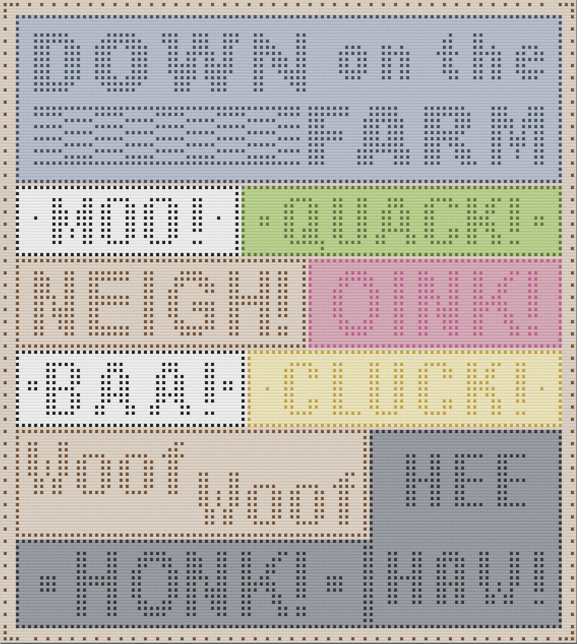 Crochet pattern image of a colorful afghan titled “Down on the Farm” with words