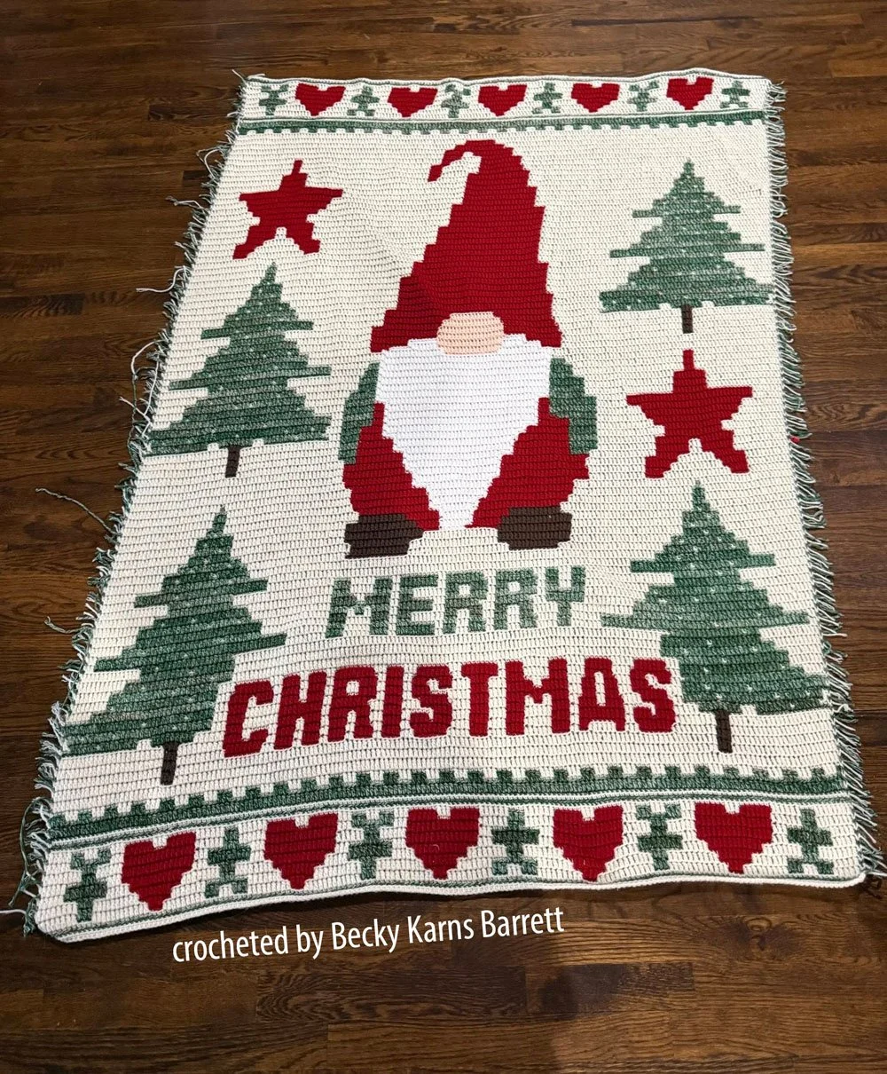 Festive Forest Gnome colorful overlay mosaic crochet afghan with trees and Christmas details