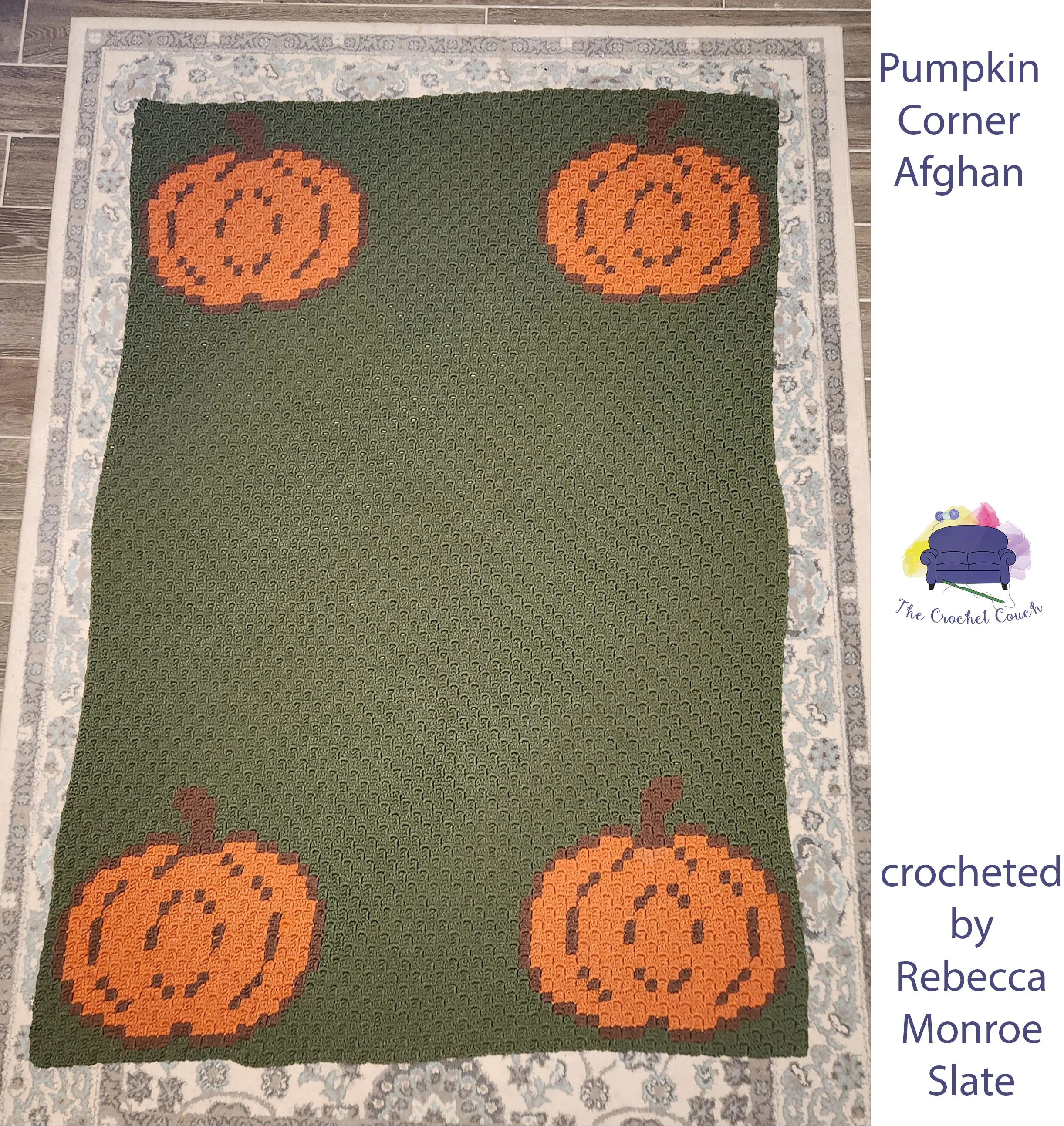 A crocheted afghan featuring four orange pumpkins, one in each corner, on a green background.