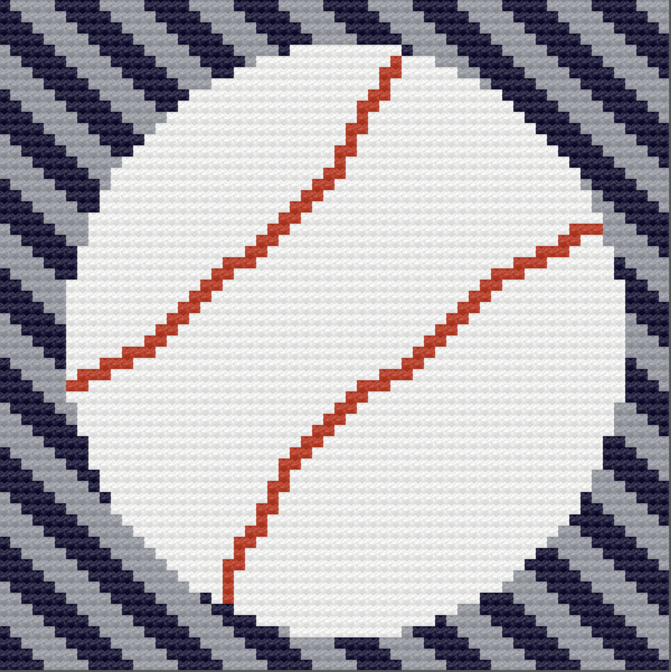 A child-size corner-to-corner crochet afghan featuring a large white baseball with red stitches, framed by a bold navy and gray striped background. Sporty and playful design.