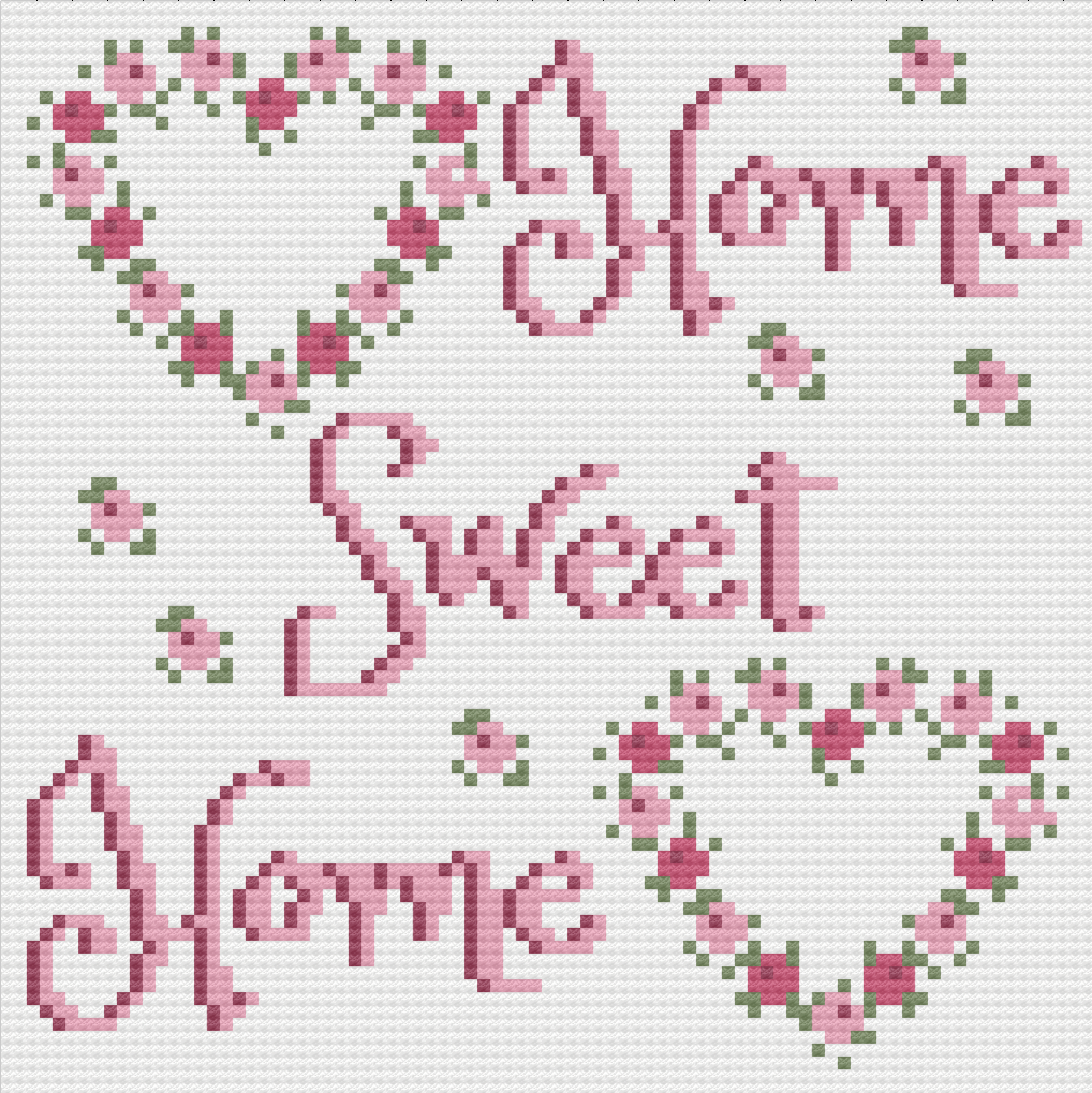 A crochet afghan with the words "Home Sweet Home" written in elegant script, surrounded by floral heart designs
