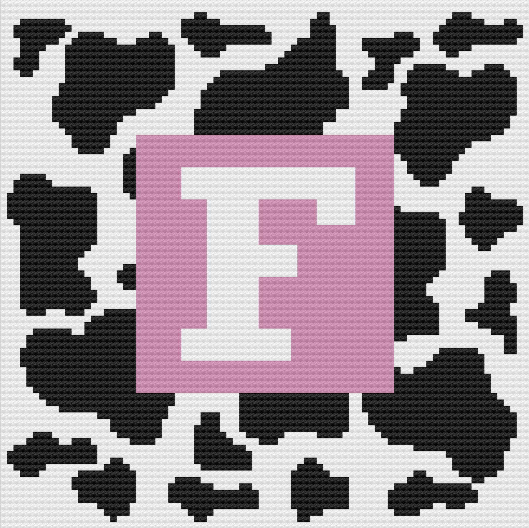 A corner-to-corner crochet afghan featuring a bold pink square with a large white letter “F” in the center, surrounded by a black and white cow print background.