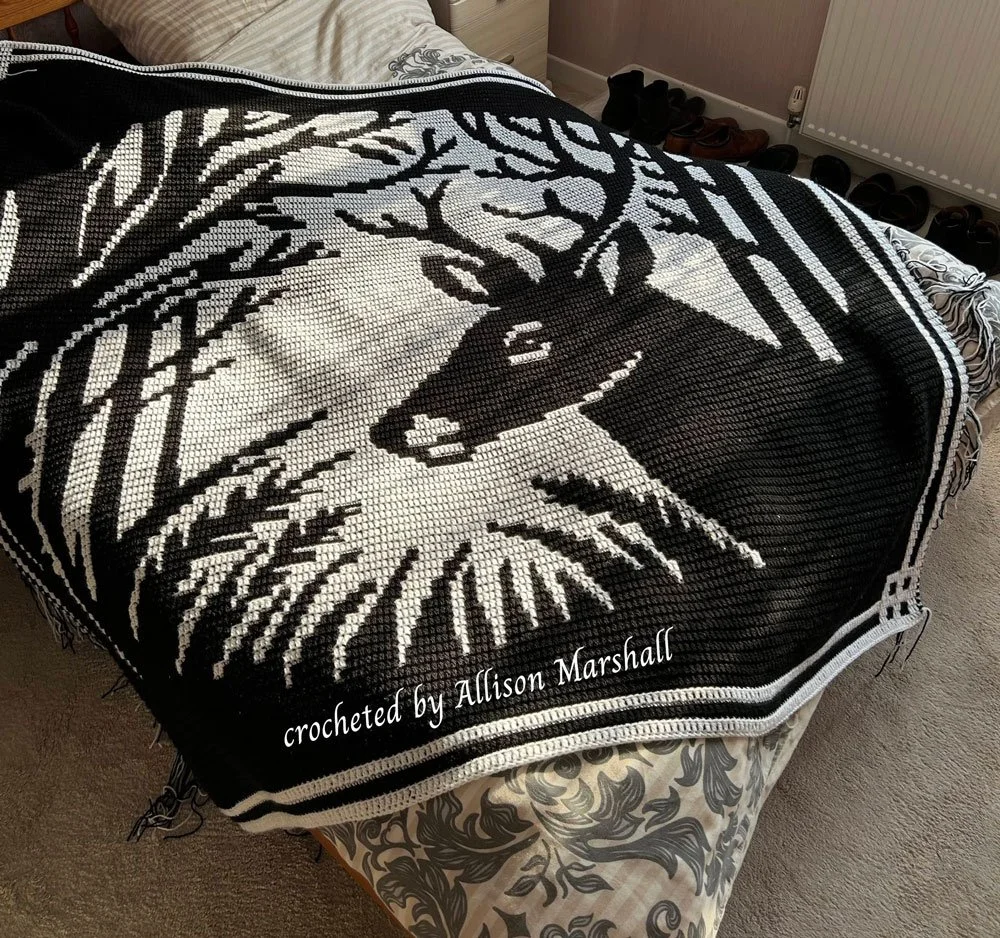 Moonlit Buck black and white mosaic crochet afghan