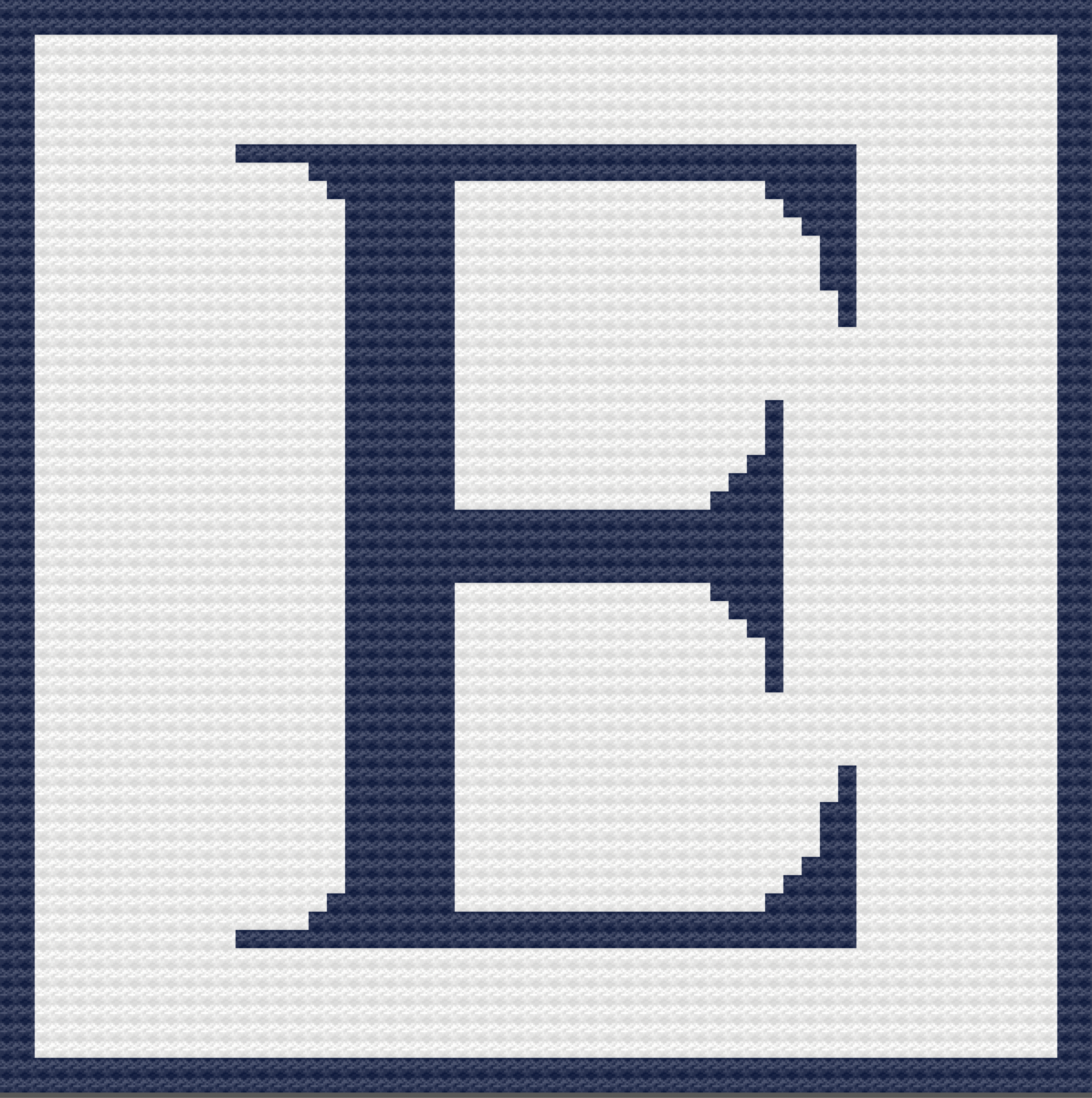 A crochet afghan featuring the letter E in a bold serif font, framed with a navy border on a white background. The design is clean and classic, ideal for kids or as a decorative gift.