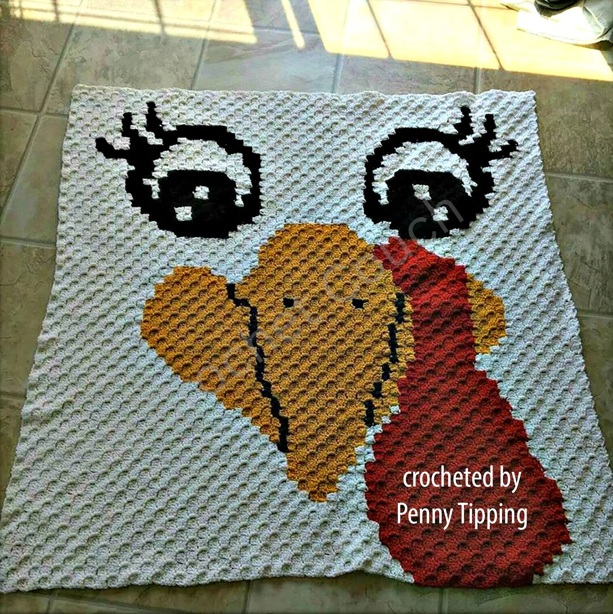 A colorful crochet afghan featuring a close-up of a chicken’s face with big eyes, an orange beak, and a red wattle, crocheted by Penny Tipping. The afghan is displayed on a tile floor.