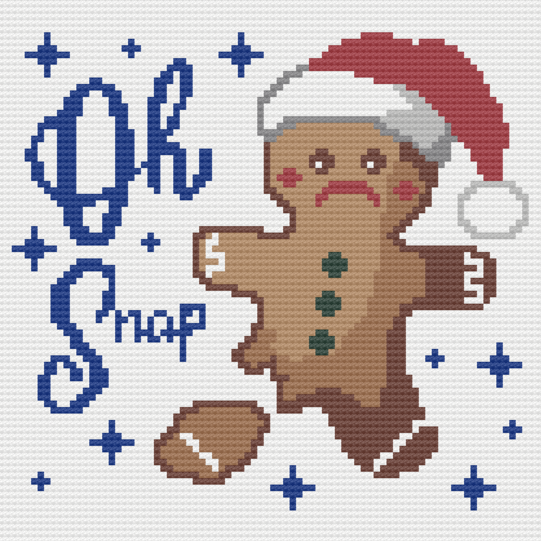 A crochet afghan design featuring a broken gingerbread man with a sad expression, wearing a Santa hat. The text "Oh Snap" is written in bold