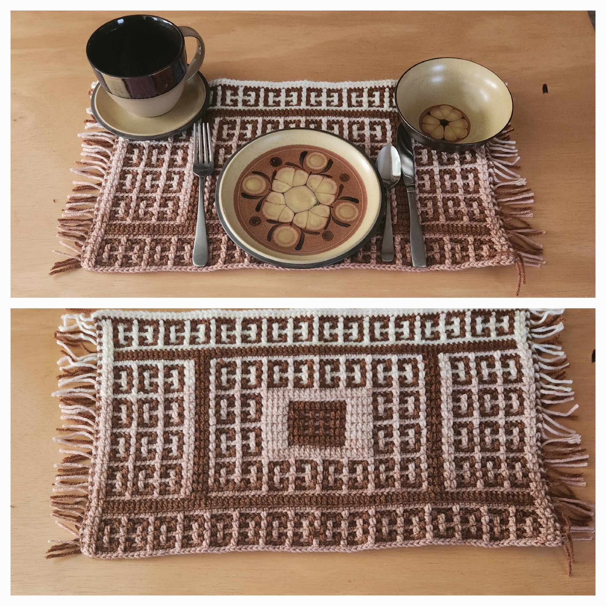 Handmade crochet placemat with a central square and repeating geometric border design, shown in brown and cream with fringe edges and vintage-style dishes on top.