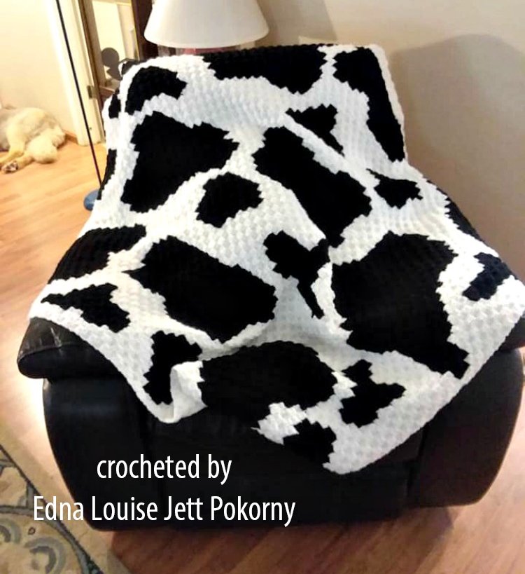 A black-and-white cow print afghan draped over a chair, adding a cozy and rustic farmhouse touch to the room. Crocheted by Edna Louise Jett Pokorny.