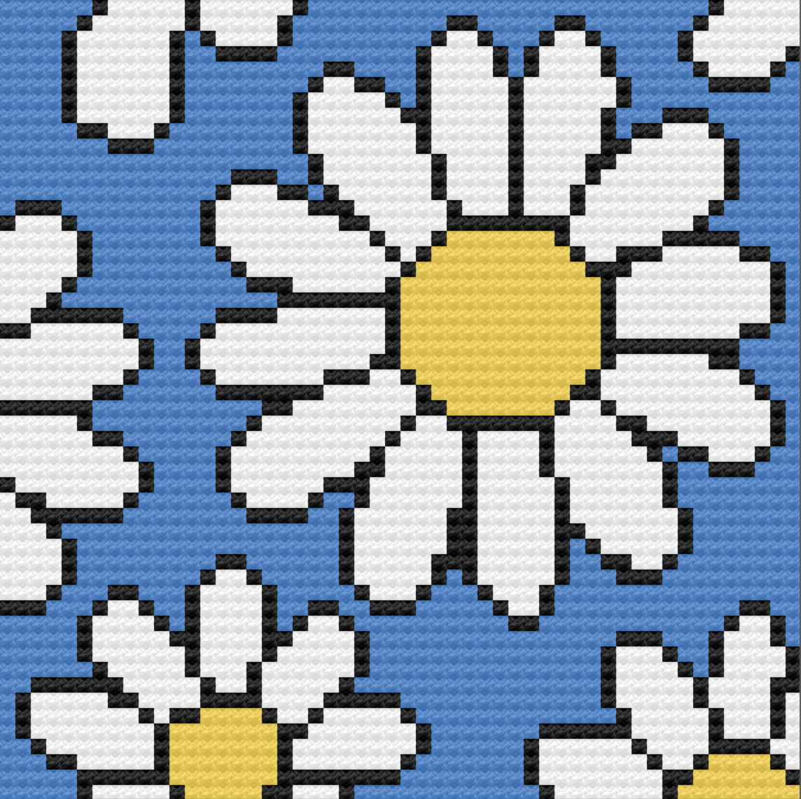 C2C crochet afghan featuring large white daisies with yellow centers and bold black outlines on a bright blue background. The daisies vary in size