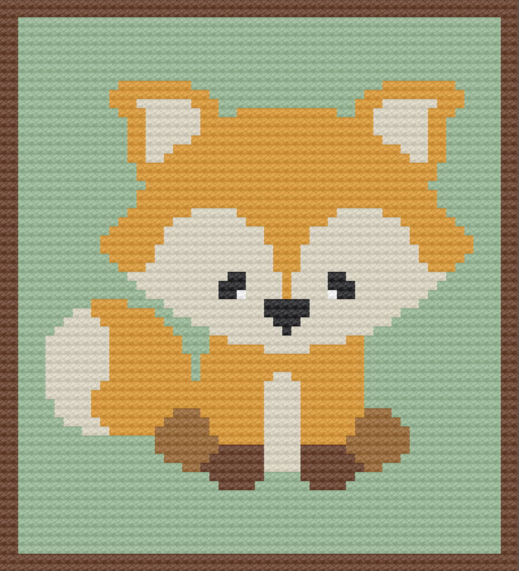C2C crochet baby blanket pattern featuring a cute orange woodland fox on a soft mint background with coordinating border, part of the Woodland Babies collection.