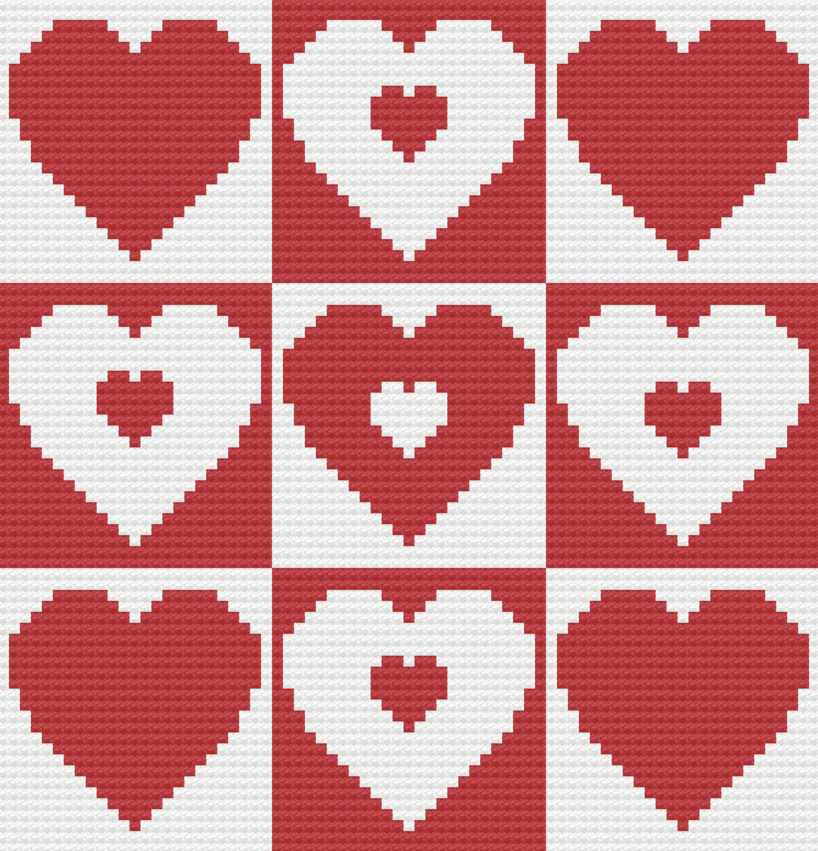 A crocheted afghan featuring nine squares with alternating red and white hearts.