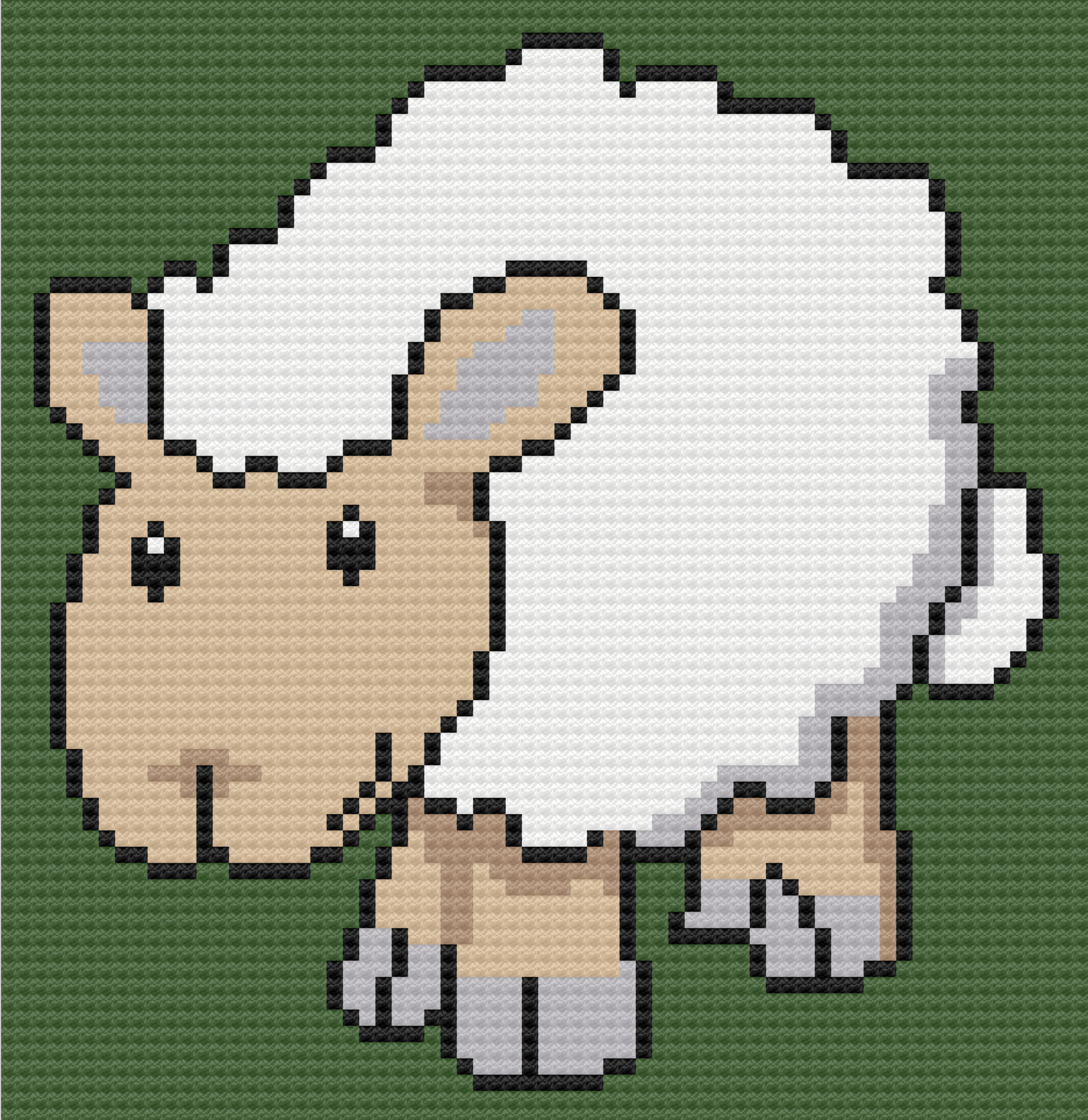 A crochet afghan featuring an adorable sheep with fluffy white wool, tan features, and a green background. The design is charming and farm-inspired, making it perfect for cozy home decor.