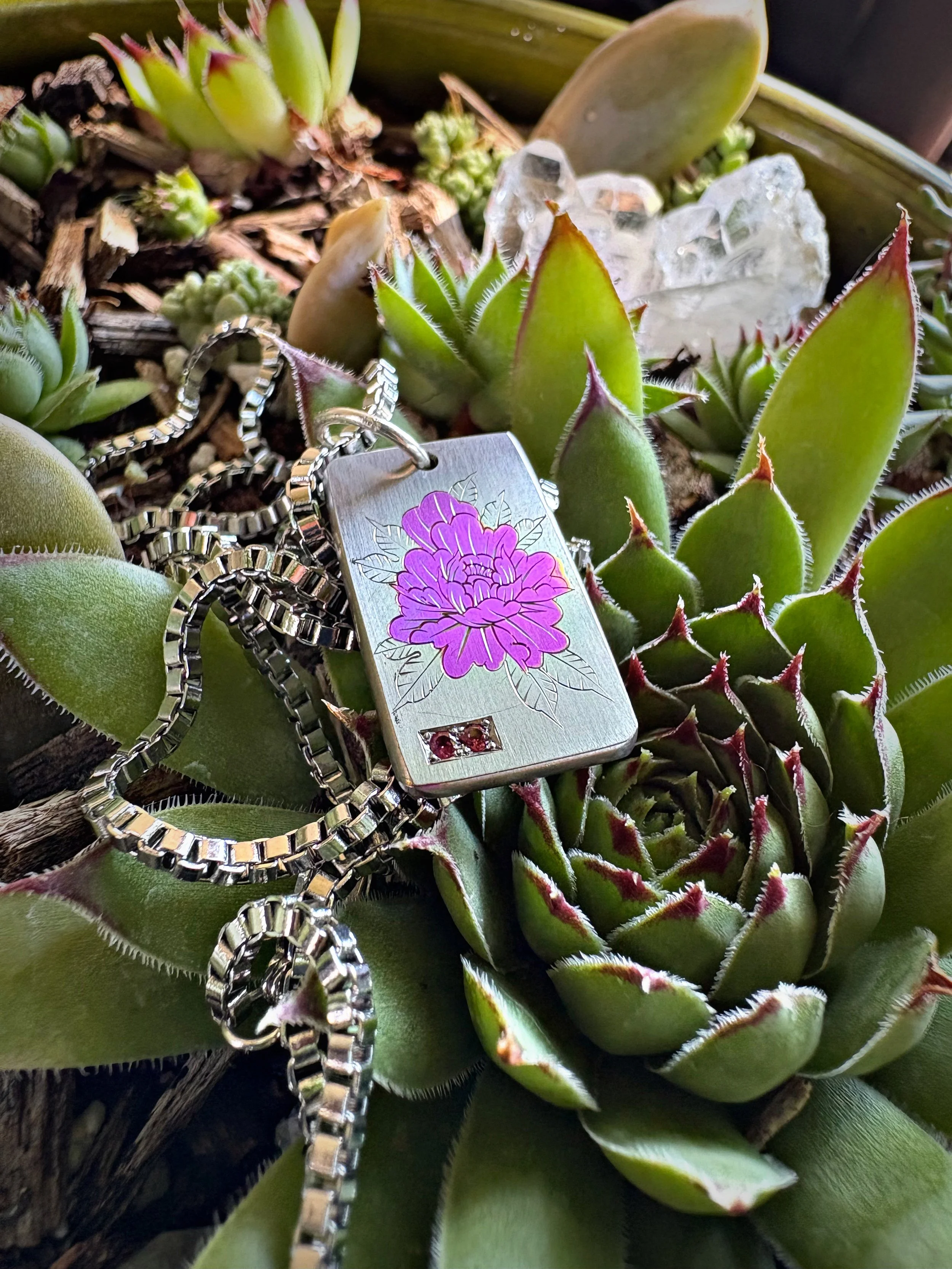 Peony flower and rhodolite garnet