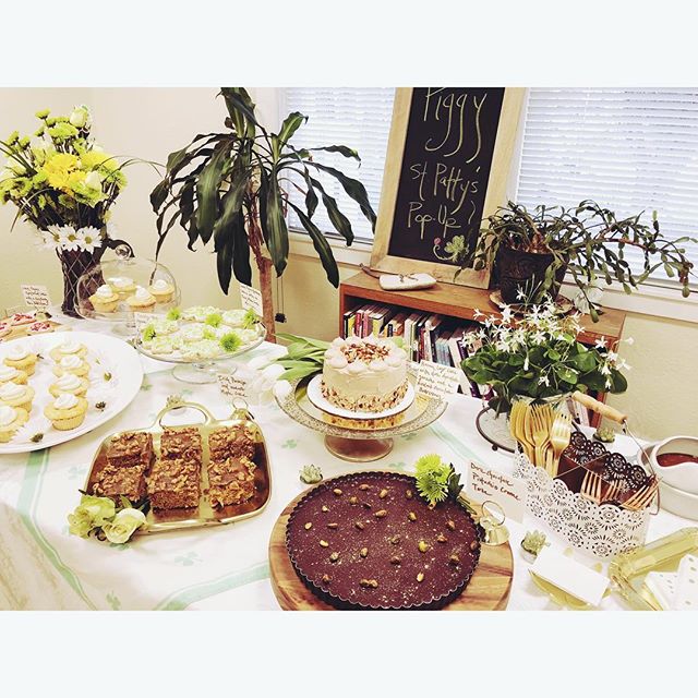 Wild and green. The very first time putting out desserts for sale, from a year ago today. The wildest part of all is the fancy little cake in the center. I think the fourth one I had ever made. Ever. The Irish girl that I am, St. Patty's Day has some