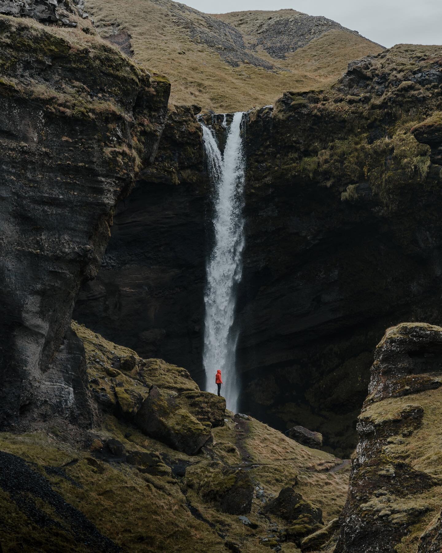 Another of Iceland&rsquo;s beautiful waterfalls. This one is tucked away at the end of lush green canyon which twists and turns until you finally see the water crashing down ahead of you. Thanks to @celinahackmann for providing some scale to the shot