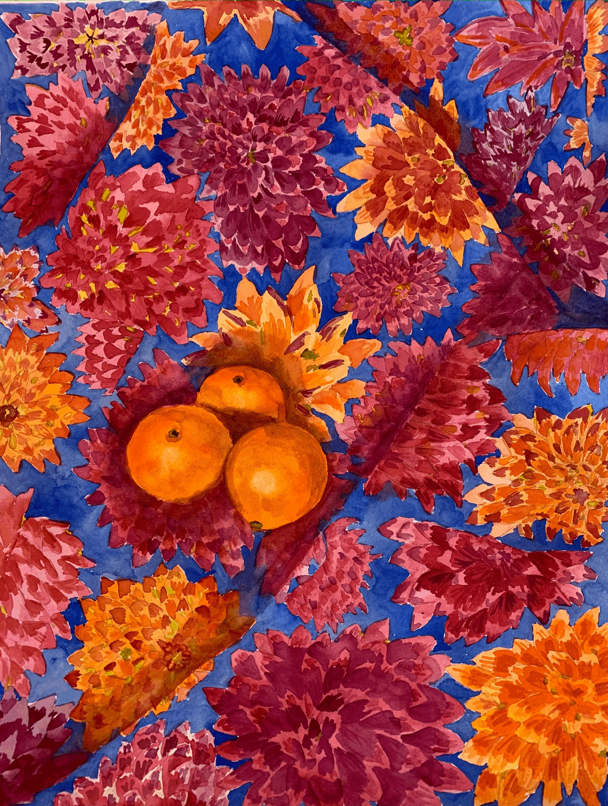 Dahlias and Oranges   watercolor on Arches    16” X 20”   $480