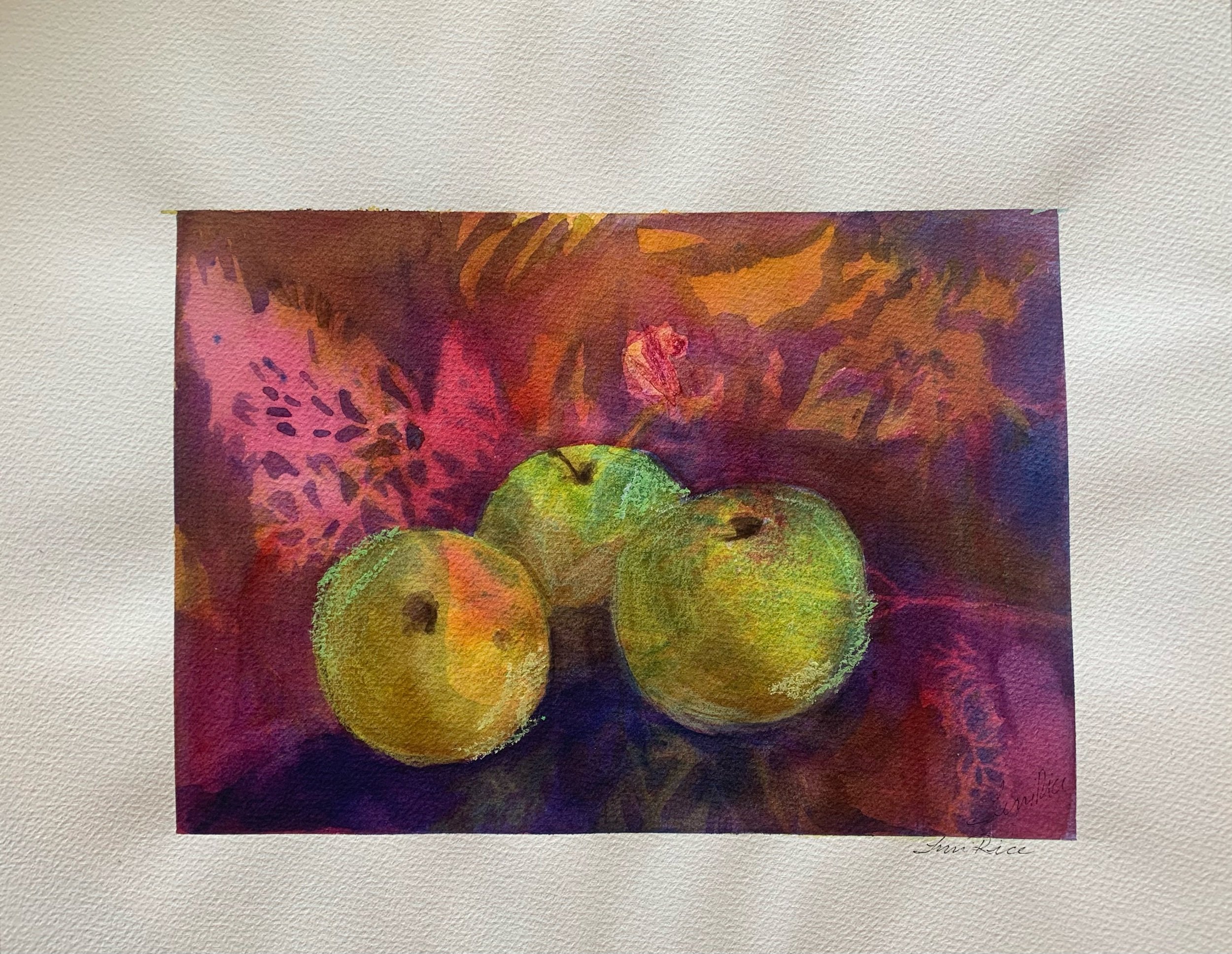 Green Apples on Purple $220 watercolor and oil pastel on D’Arches 