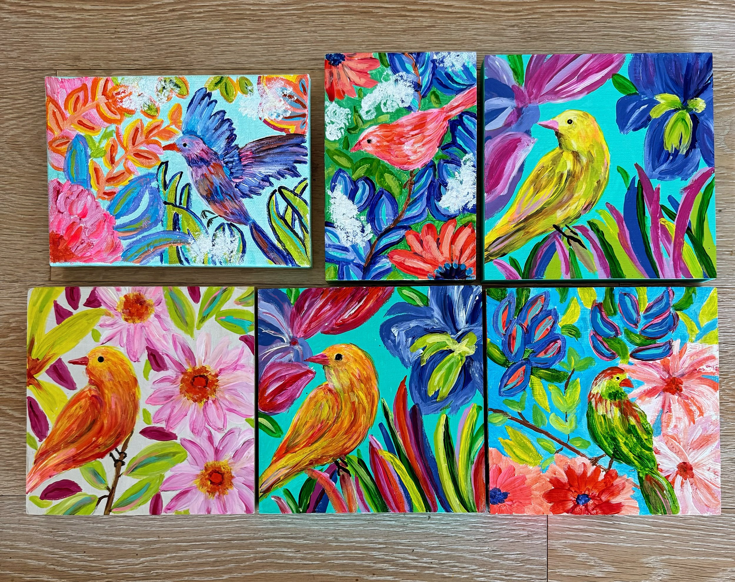 Little Bright Birds. All $30/each. 6”X6” wood panels, 7”X 5” and 4”X6” canvas