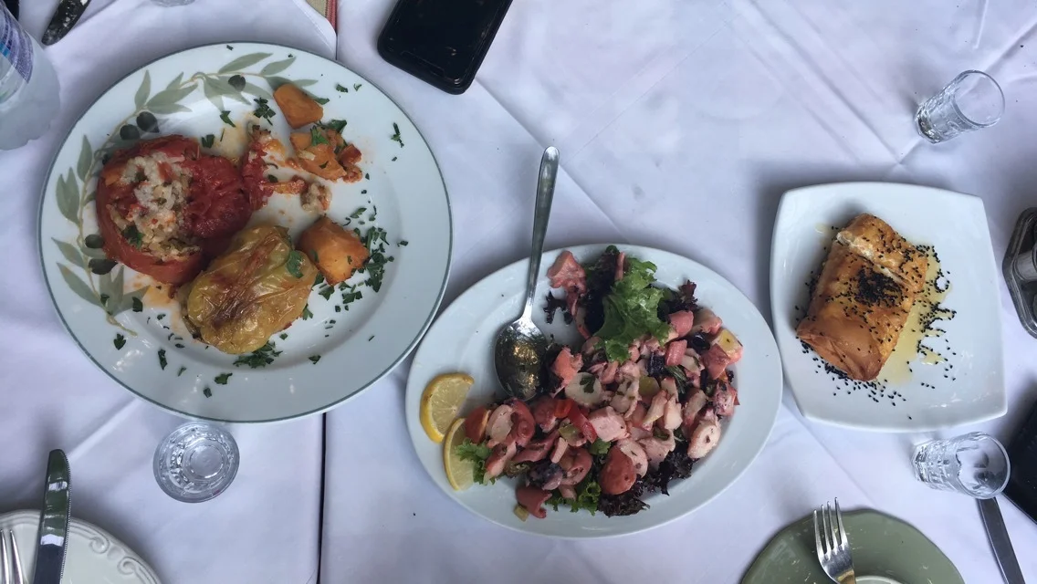  stuffed peppers; octopus in vinegar; fried feta covered in honey and sesame seeds 