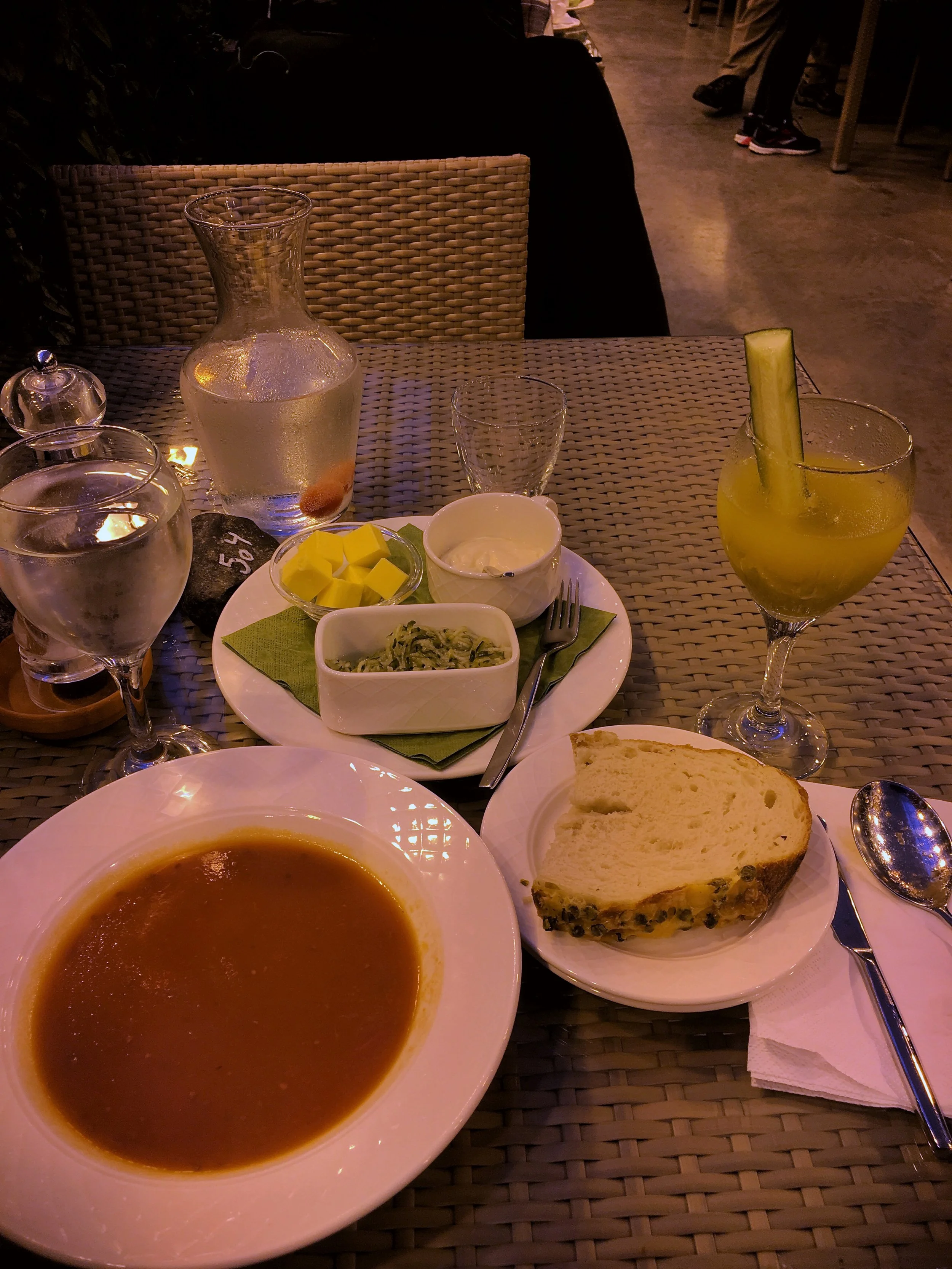  Bottomless tomato soup w/ fixings; green tomato bloody Mary, tomato water 