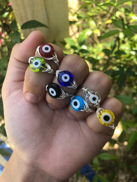 crystal ring blue eye ring| MADAME SPOOKY evil eye jewelry Evil Eye Wire Wrapped Ring gemstone gifts metaphysical gifts