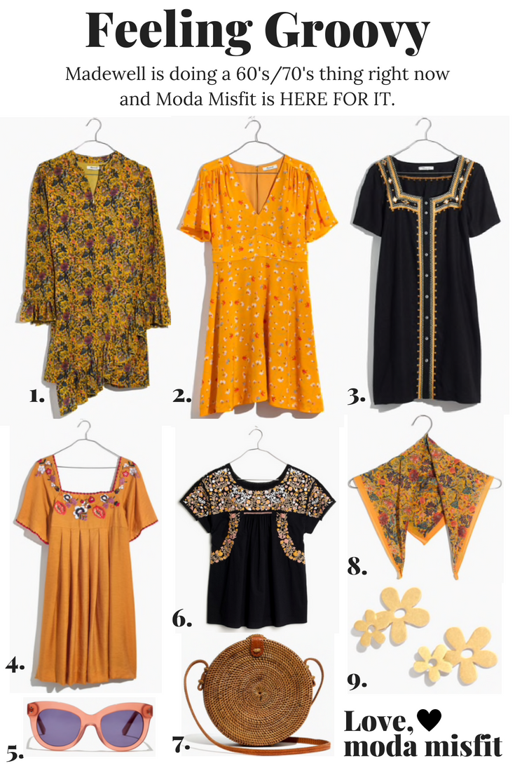 1. Madewell x Karen Walker® Silk Floral Loretta Dress // 2. Silk Belladonna Dress in Painted Carnations // 3. Mirror-Embroidered Dress // 4. Embroidered Square-Neck Mini Dress // 5. Pacific Cat-Eye Sunglasses // 6. Embroidered Springtime Top in True Black // 7. Folk Fortune Bali Rattan Round Bag // 8. Madewell x Karen Walker® Floral Bandana // 9. Daisy Statement Earrings Side note: How right was I when I said orange was THE color for this Fall ? I swear I didn't specifically seek out orange for this graphic! Orange is just unavoidable right now. And I'm loving it.