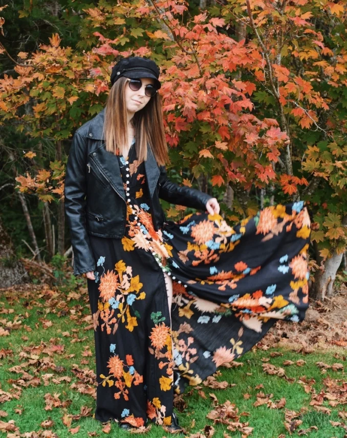 floral maxi dress with leather jacket in fall.jpg