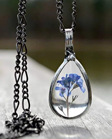 Handmade Pressed Real Flower Pendant, Blue Forget Me Not