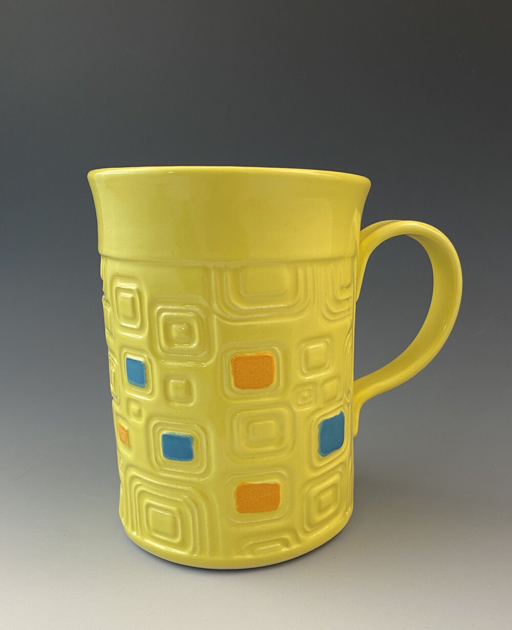 Mid-Century Modern Stoneware Mug in Yellows & Blues — Hamilton Williams  Ceramics