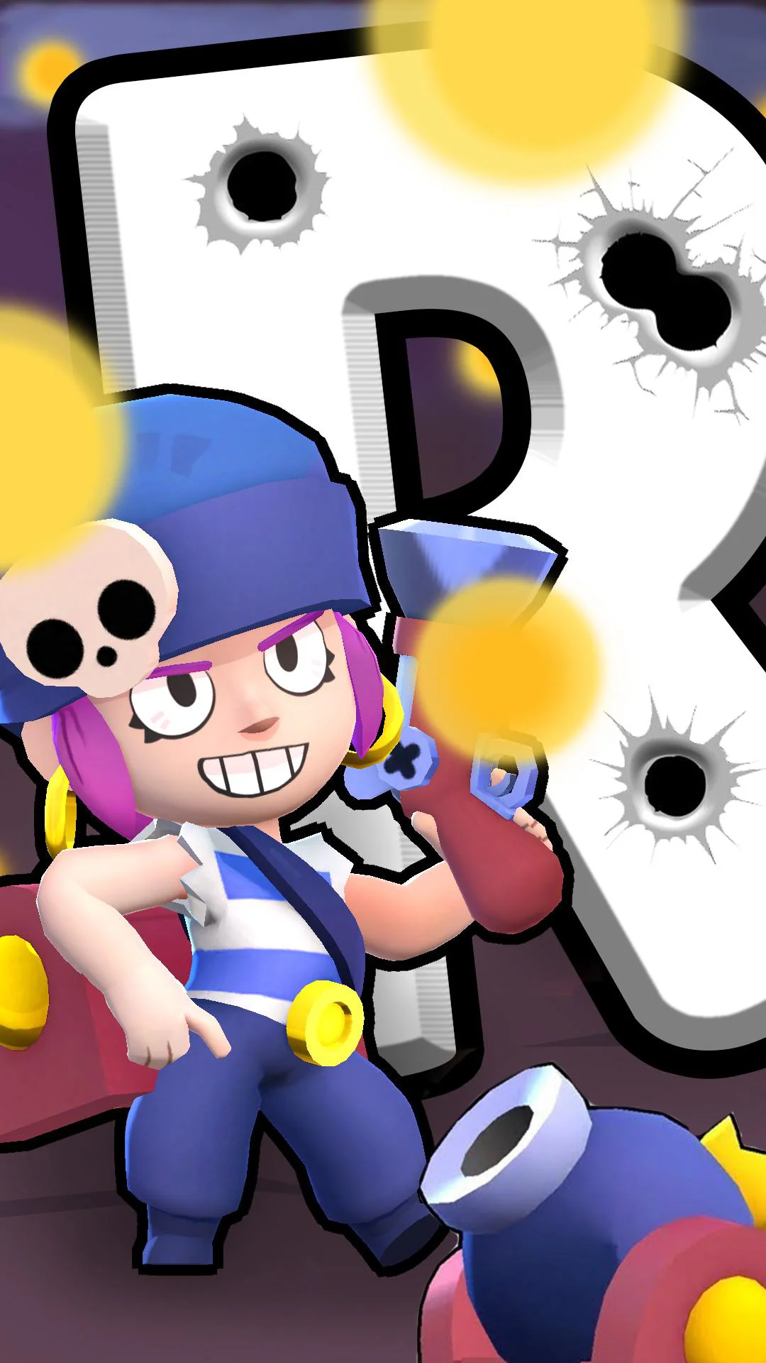 Pan right and the letter “R” follows, as Penny steps in front and fires her cannon.